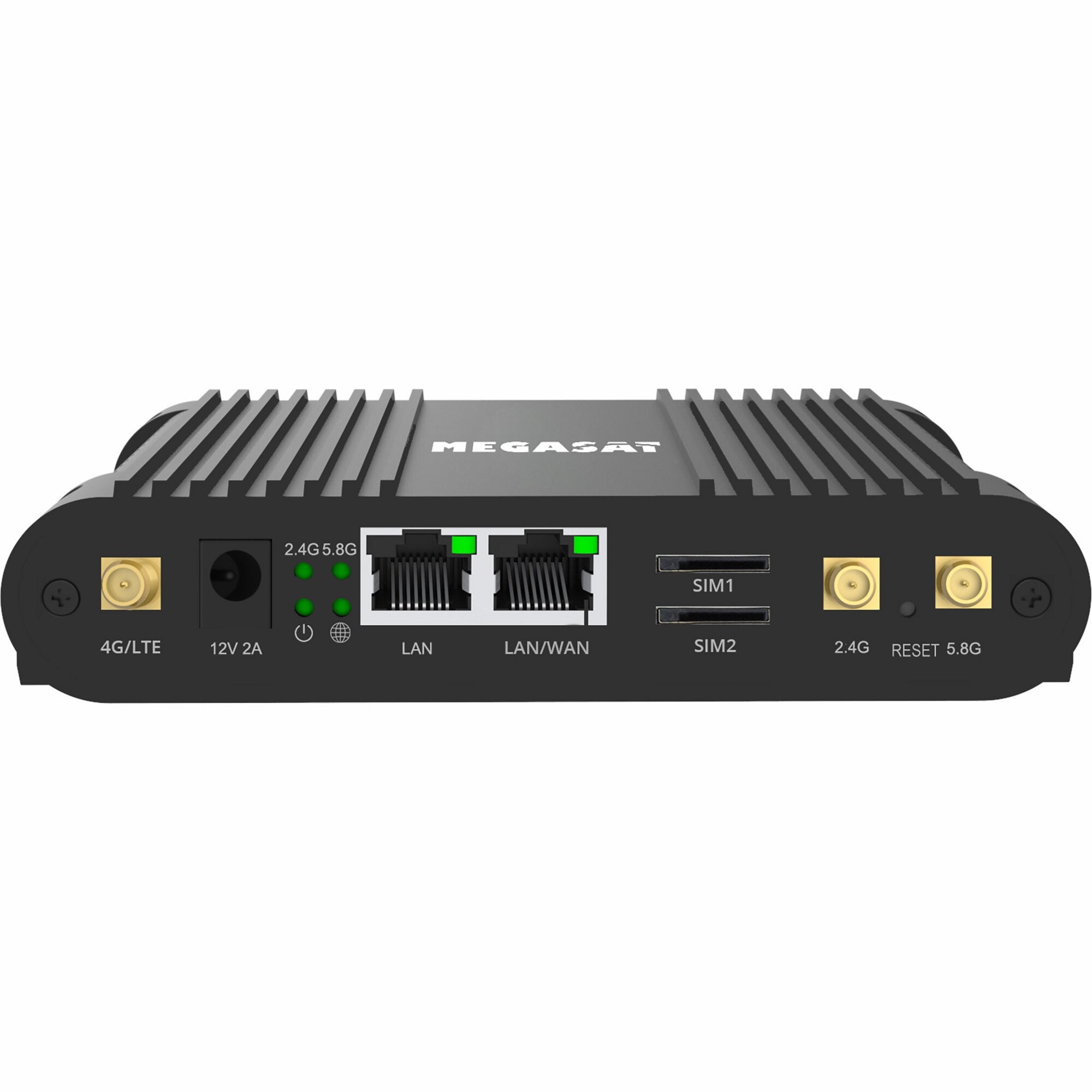 Schwarzer Router mit Kühlrippen, MEGASAT, vorn zwei goldene Antennenanschlüsse, LAN/LAN/WAN, SIM1/SIM2-Slots, USB-Port, 4G/LTE 2.4G/5.8G