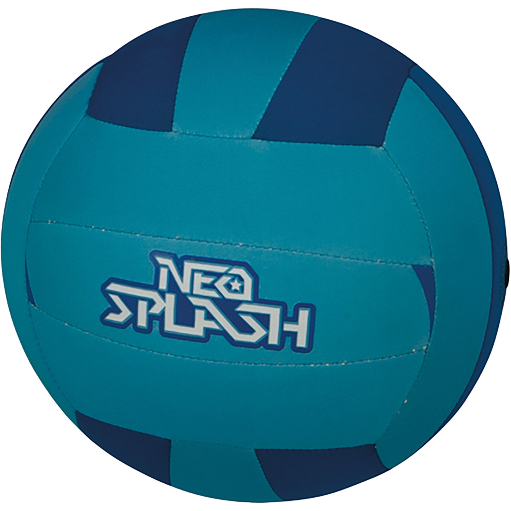Nahaufnahme eines Neopren-Volleyballs in türkisblauen und dunkelblauen Segmenten mit sichtbaren Nähten und einem Logo auf der Oberfläche