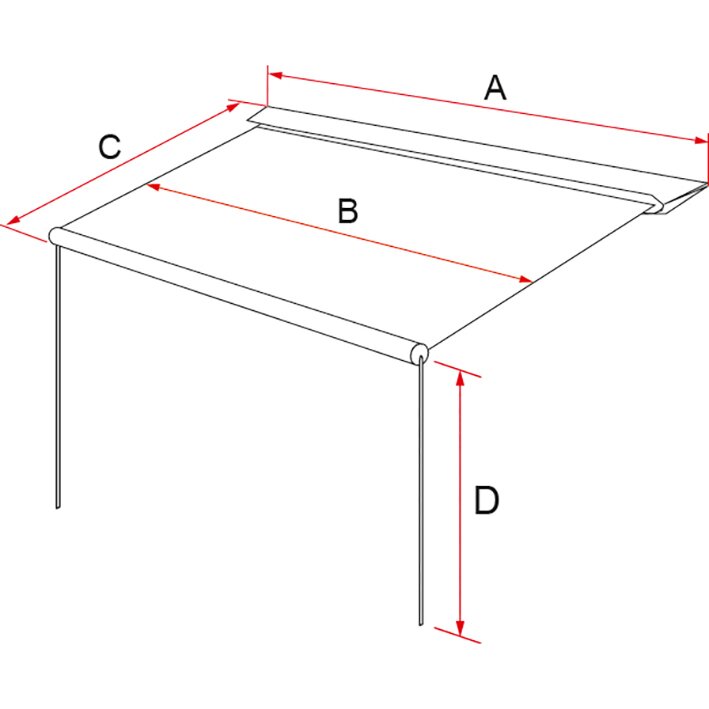 Schematische Zeichnung einer ausziehbaren Caravan-Markise mit Aufrollkasten und Stützbeinen, rote Messlinien A, B, C und D kennzeichnen Maße