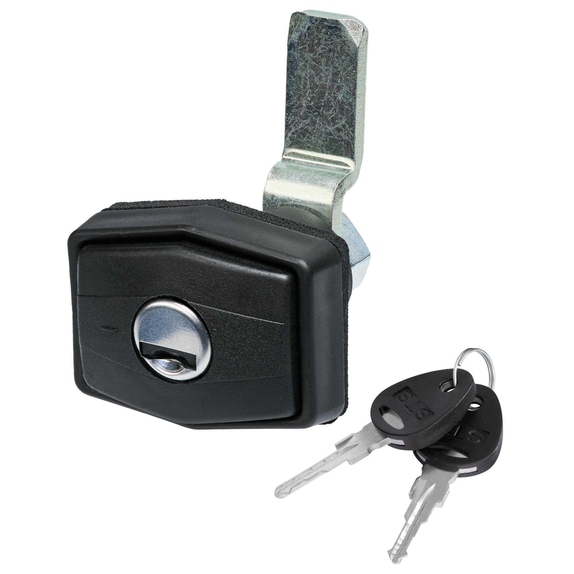 Nahaufnahme eines schwarzen Druckdrehverschlusses Hexagon STS mit hexagonal geformter Metallstange an einem Gehäuse, zwei Schlüssel am Ring sichtbar