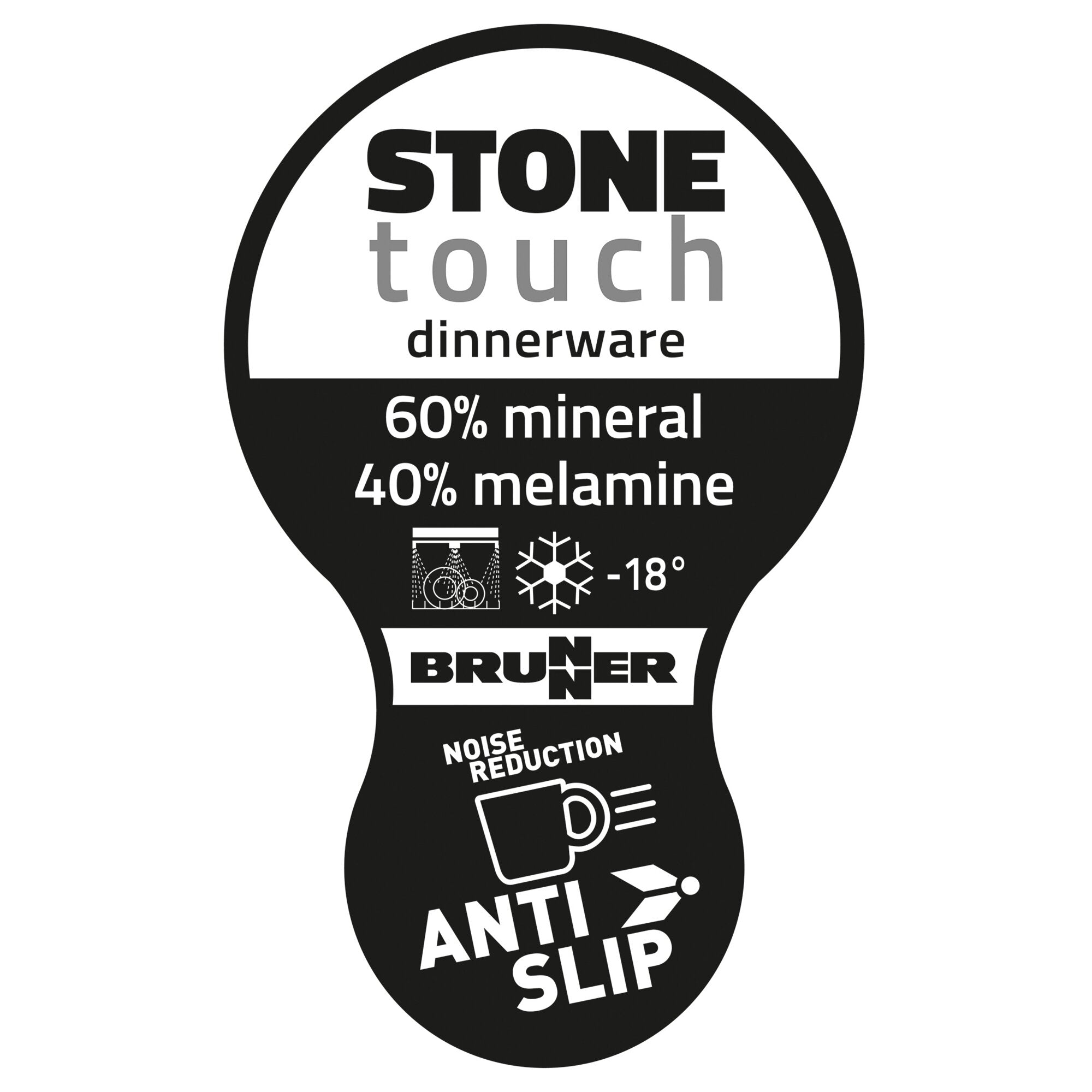 Runder schwarzer Label mit weißem Text STONE touch dinnerware, Mineral- und Melaminanteil 60% mineral, 40% melamine, BRUNNER Logo und ANTISLIP