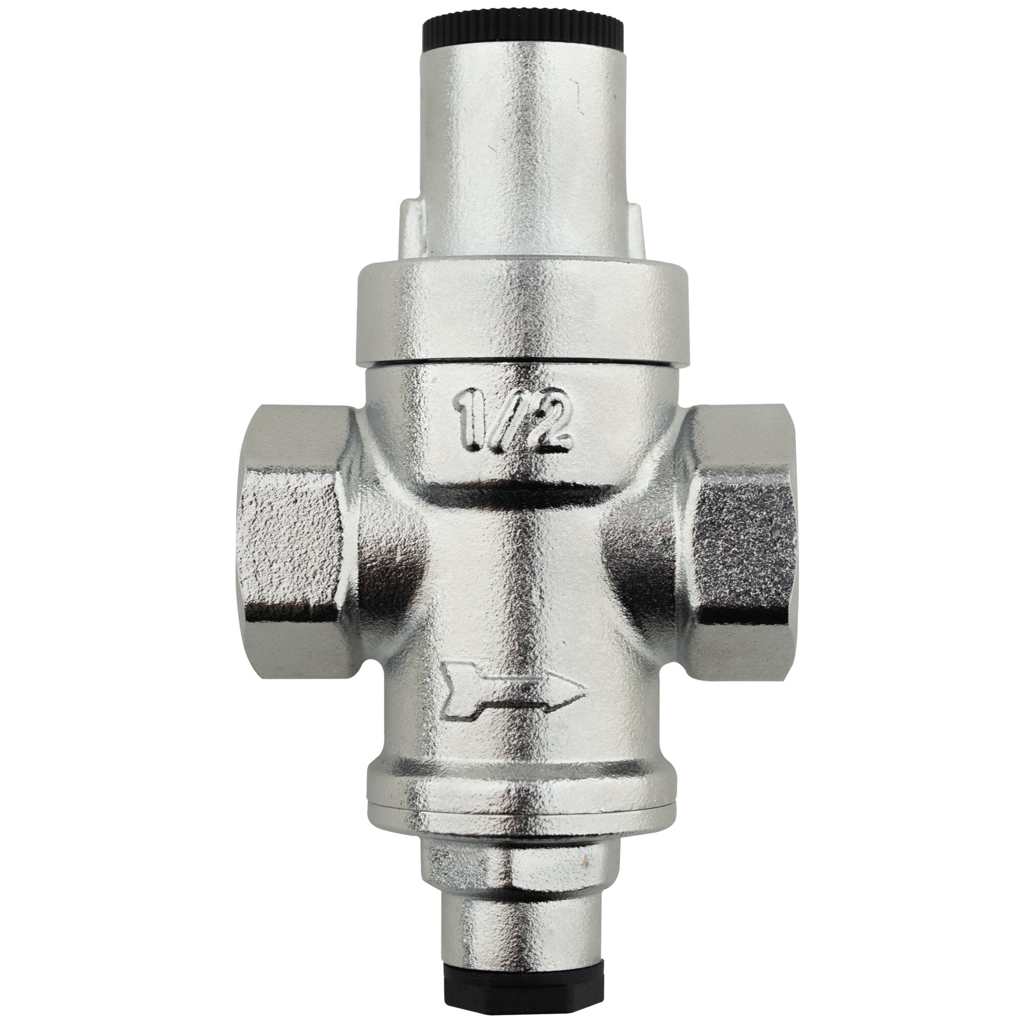 Messing-Druckminderer mit glänzend verchromter Oberfläche, schwarzem Oberteil und sichtbarer 1/2‑Zoll-Kennzeichnung am Gehäuse