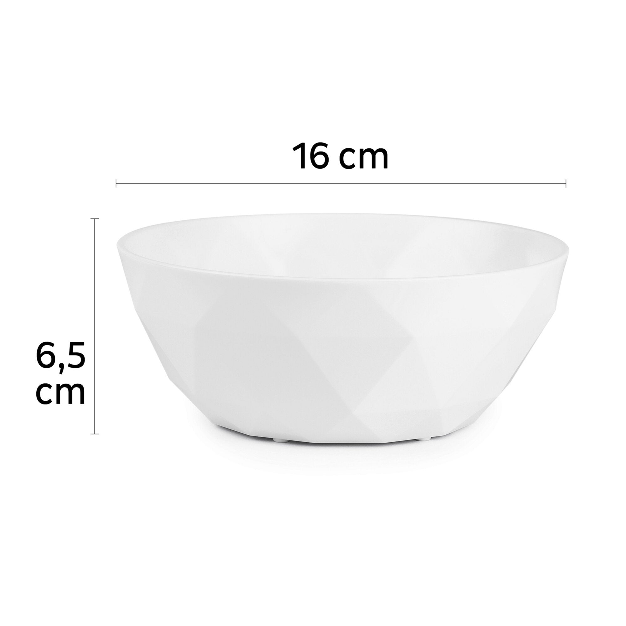 Weiße Müslischale aus Keramik mit facettiertem Außenprofil, runder Rand, Durchmesser ca 16 cm und Höhe ca 6,5 cm