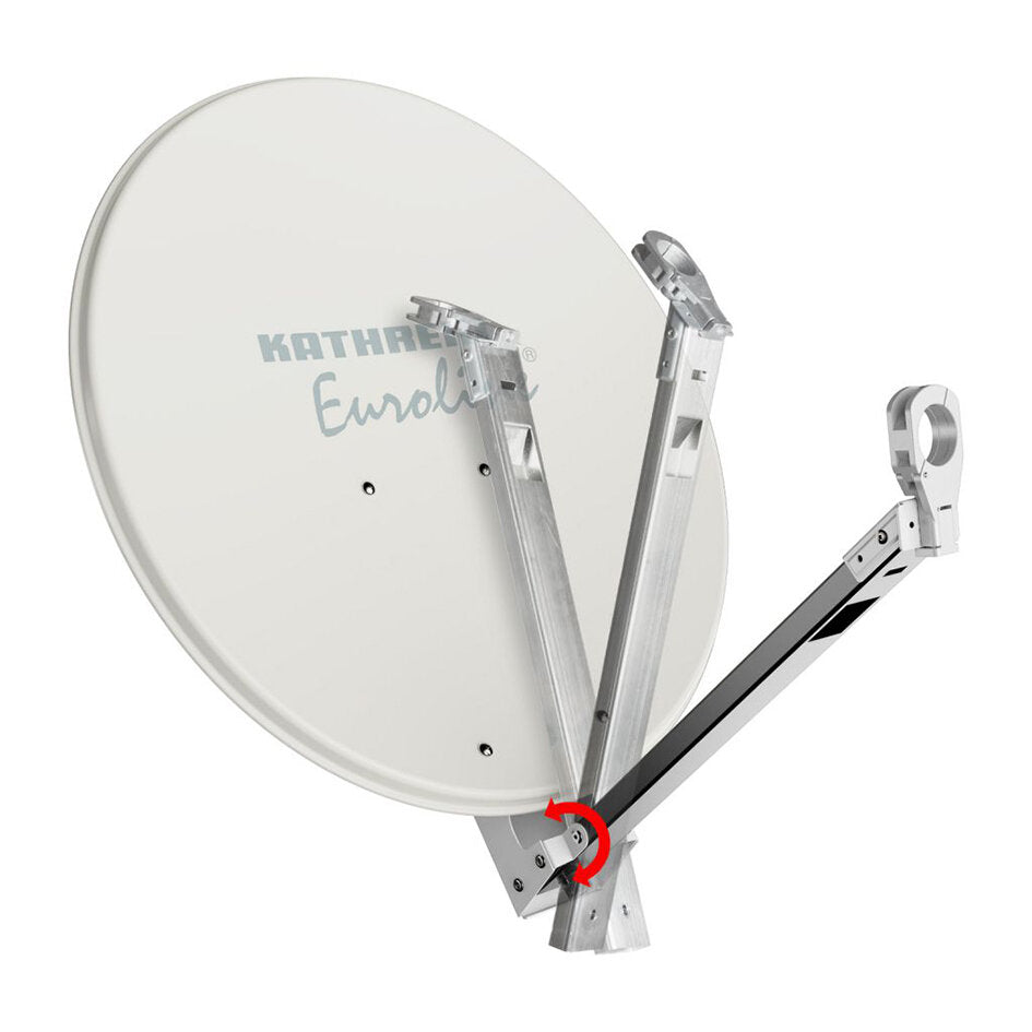 Große runde Satellitenschüssel in graphitgrau mit klappbarem LNB-Arm aus Metall, seitliche Sicht, roter Pfeil markiert das Gelenk