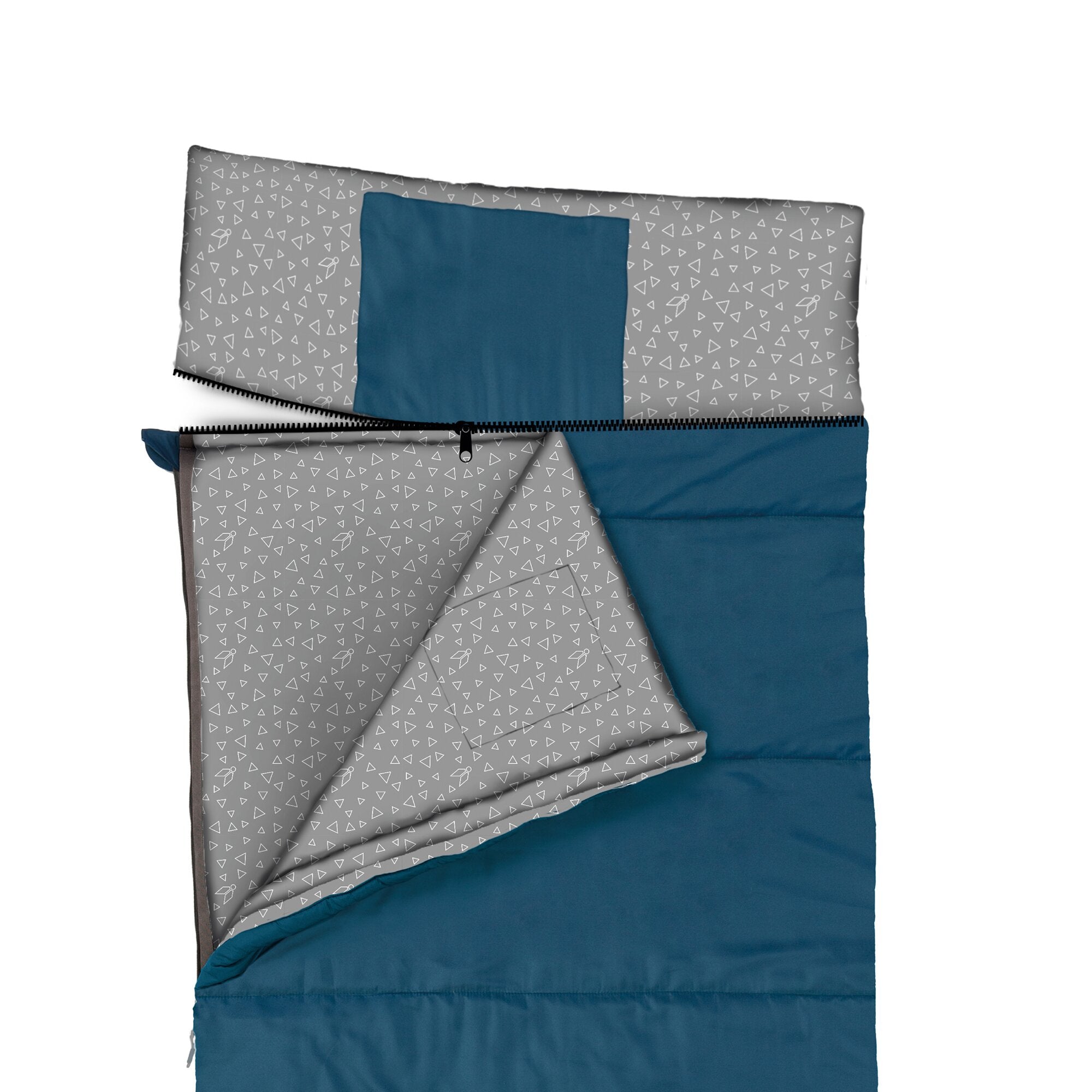 Schlafsack Starflyer XL, graues Außenmaterial mit weißen Dreiecken, blaues Innenfutter, seitlicher Reißverschluss sichtbar