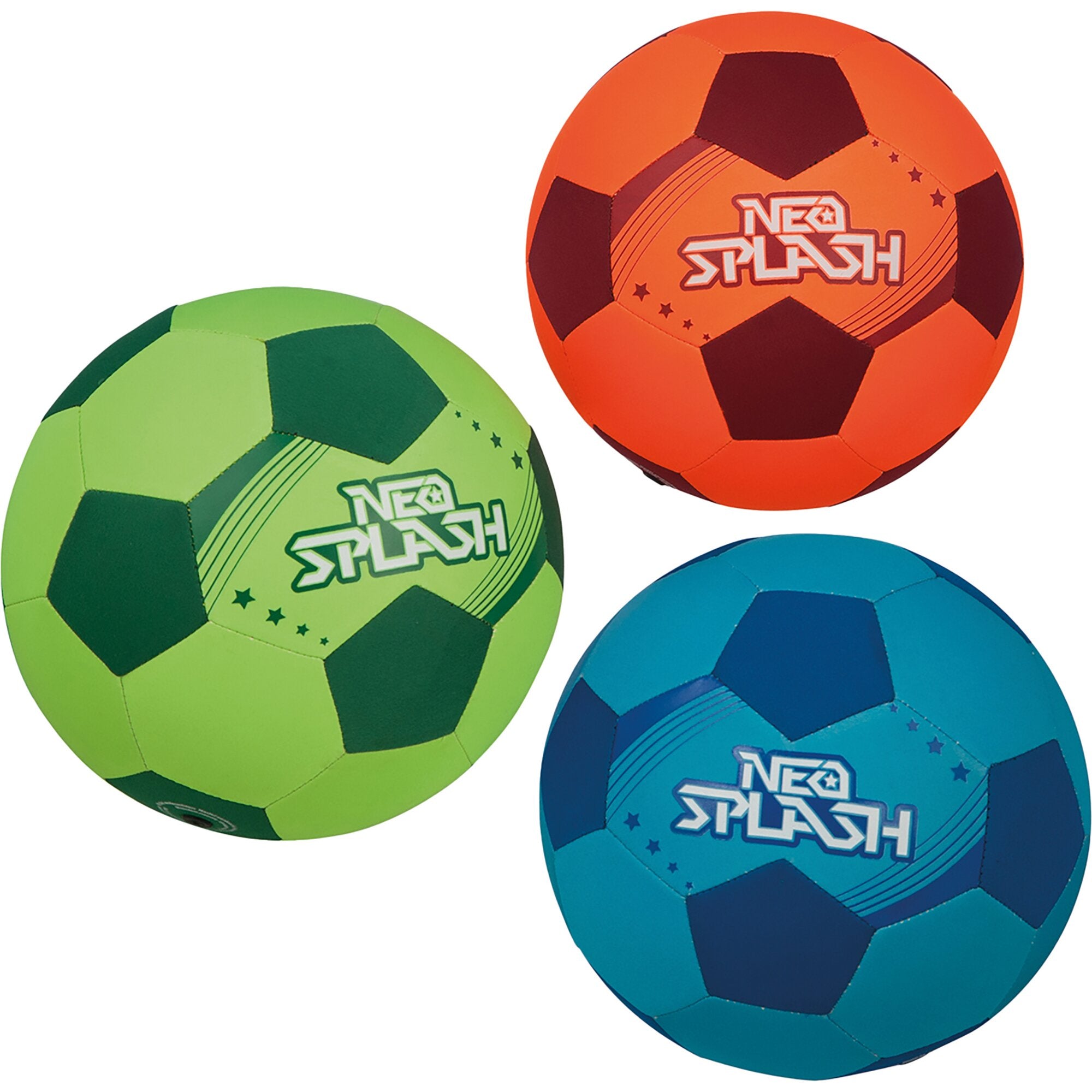 Vier bunte Neopren-Fußbälle in Orange, Grün und Blau mit grafischen Mustern und Neo Splash-Logo