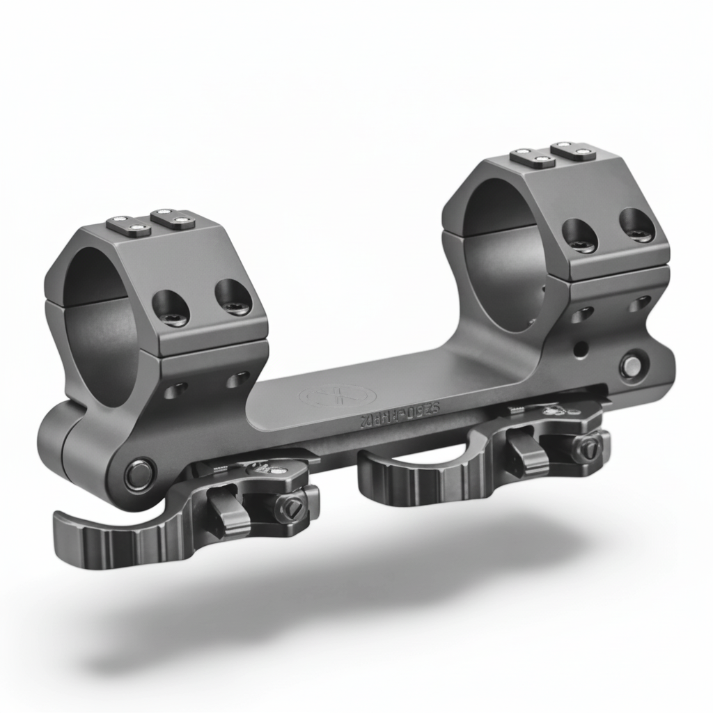 Dunkelgraue ERATAC Blockmontage aus Metall mit zwei 30-mm-Ringen, Schnellspannhebel und Einstellrad, mattiert, robustes.