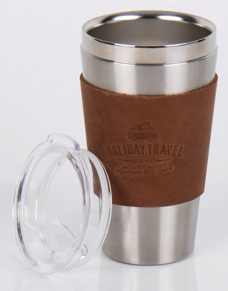 Holiday Travel Vakuumbecher – 450 ml, mit Kunstledermanschette und Deckel