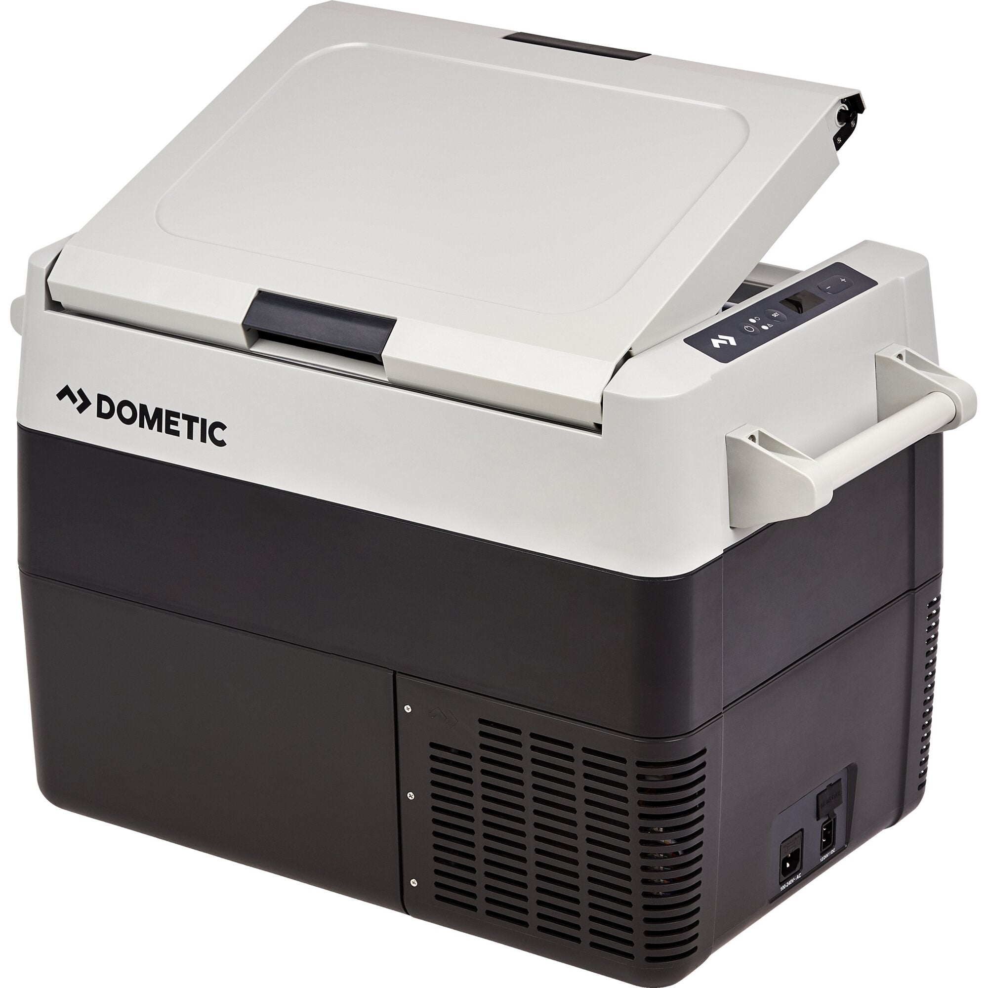Kompakte Kompressor-Kühlbox mit weißem Deckel, dunklem Gehäuse und Bedienfeld mit Display vorne rechts; seitliche Lüftungsschlitze, DOMETIC-Logo sichtbar