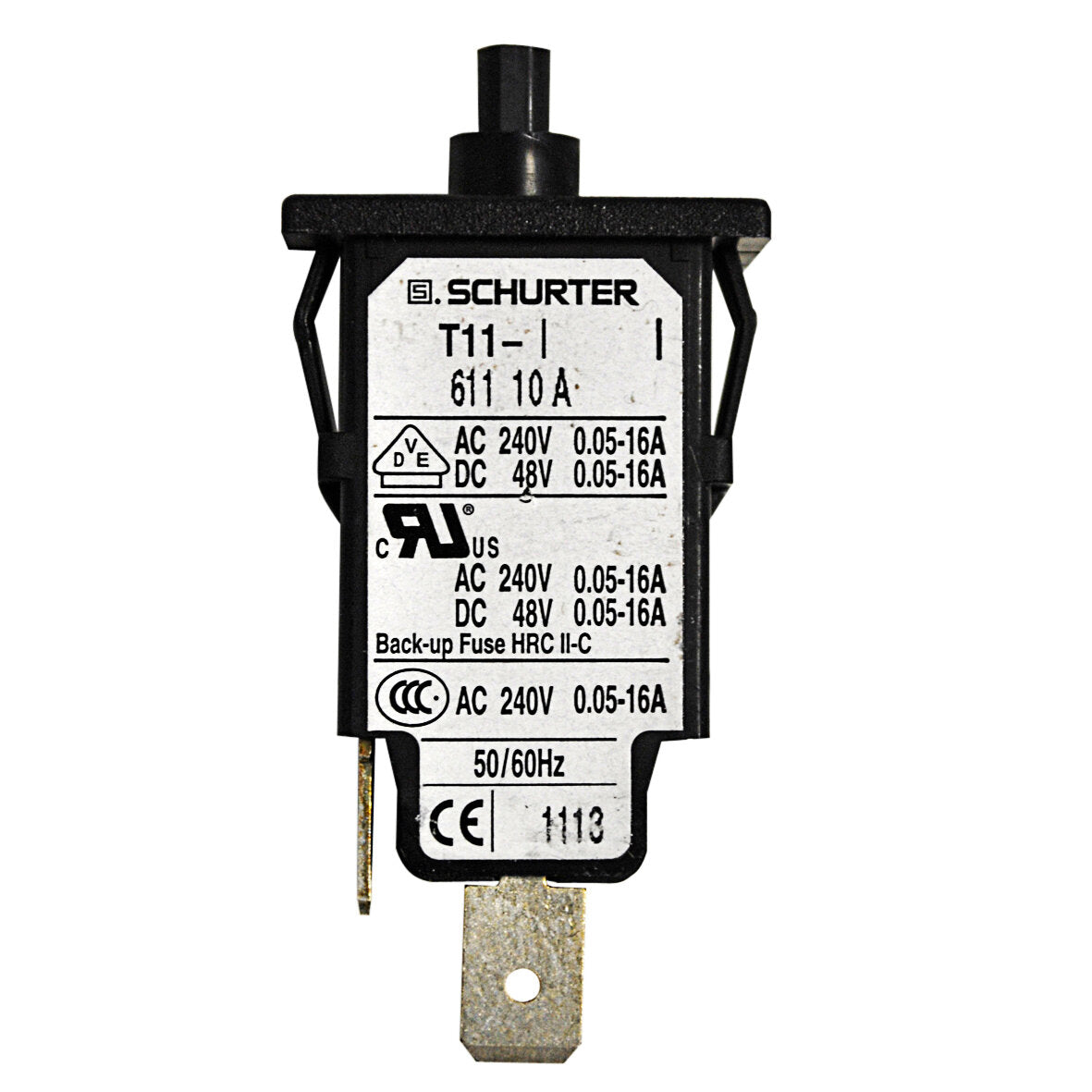 Überstromschutzschalter in schwarzem Gehäuse mit Frontetikett Schurter T11-1, Nennstrom 0.05–16 A bei AC 240 V/DC 48 V, Anschlüsse unten