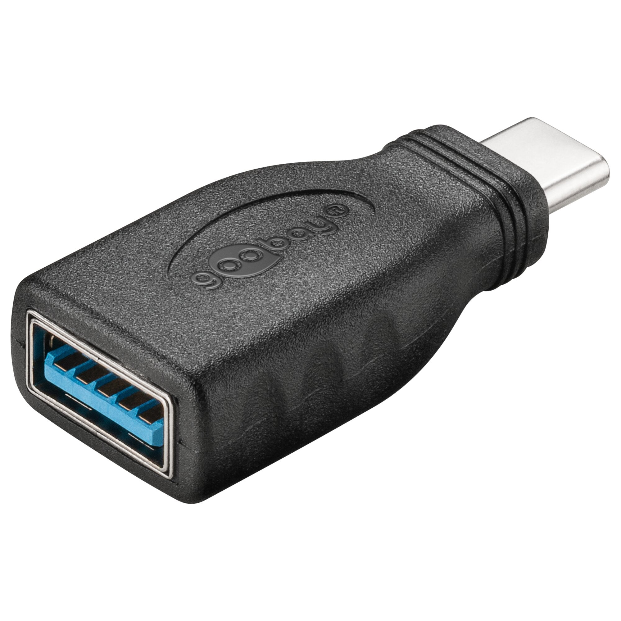 Nahaufnahme eines USB-C zu USB-A 3.0 OTG Adapters: schwarzes Gehäuse, USB-A-Buchse mit blauem Innenraum, USB-C-Stecker sichtbar