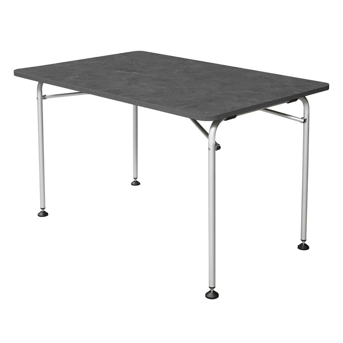 Klappbarer Campingtisch 120 cm mit dunkelgrauer marmorierter Platte, silbernen Metallbeinen und Gummifüßen