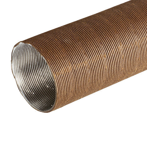 Rostbraunes Metallrohr mit feinen Spiralrillen an der Außenwand, offener Innenraum und glänzend silberner Innenfläche, Seitenperspektive