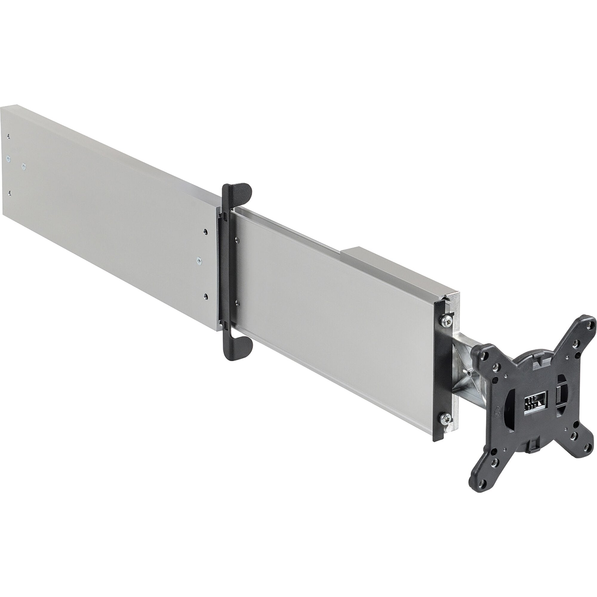Wandhalterung Sky 20W light, lange silberne Metallbahn mit sichtbaren Schrauben, schwarze Halteklammer vorne