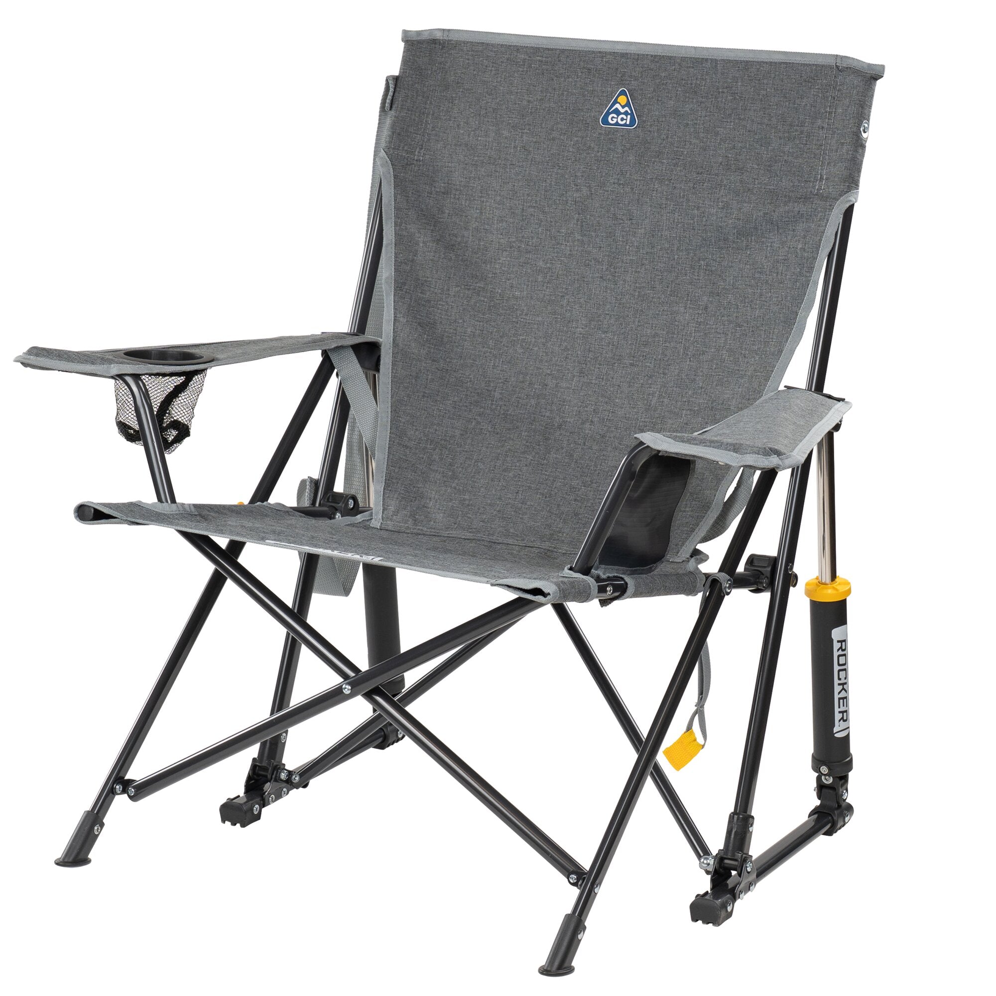 Grauer Camping-Schaukelstuhl Kickback Rocker mit schwarzem Metallrahmen, gepolsterte Rückenlehne, Armlehne mit Getränkehalter und Netztasche