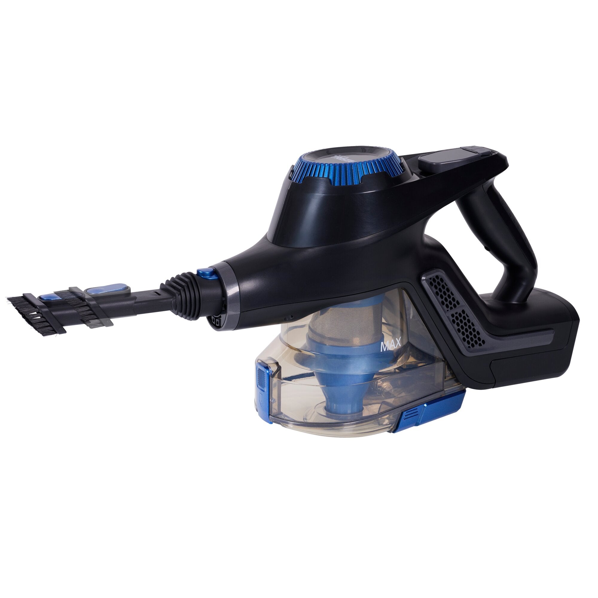 Seitenansicht eines kabellosen Staubsaugers SZ-2390 mit schwarzem Gehäuse, blauem Filterkorb und transparentem Staubbehälter