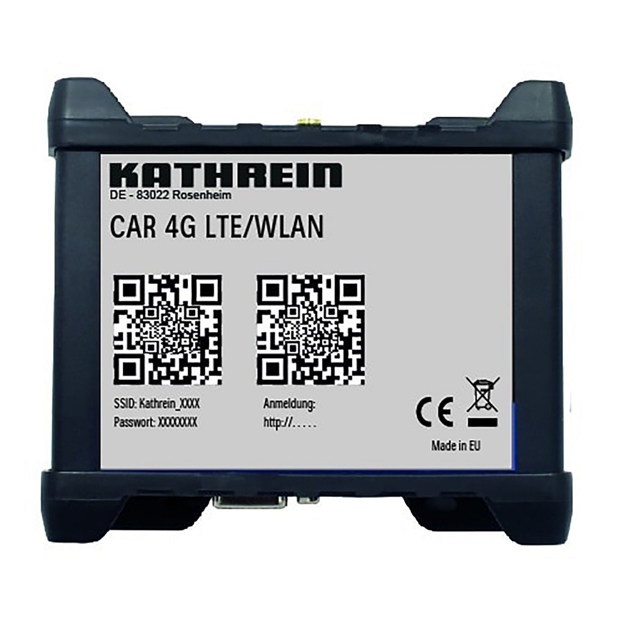 Schwarzes Kathrein CAR 4G LTE/WLAN Routerset mit Etikett zeigt KATHREIN DE-83022 CAR 4G LTE/WLAN, QR-Codes, SSID- und Passwortfelder