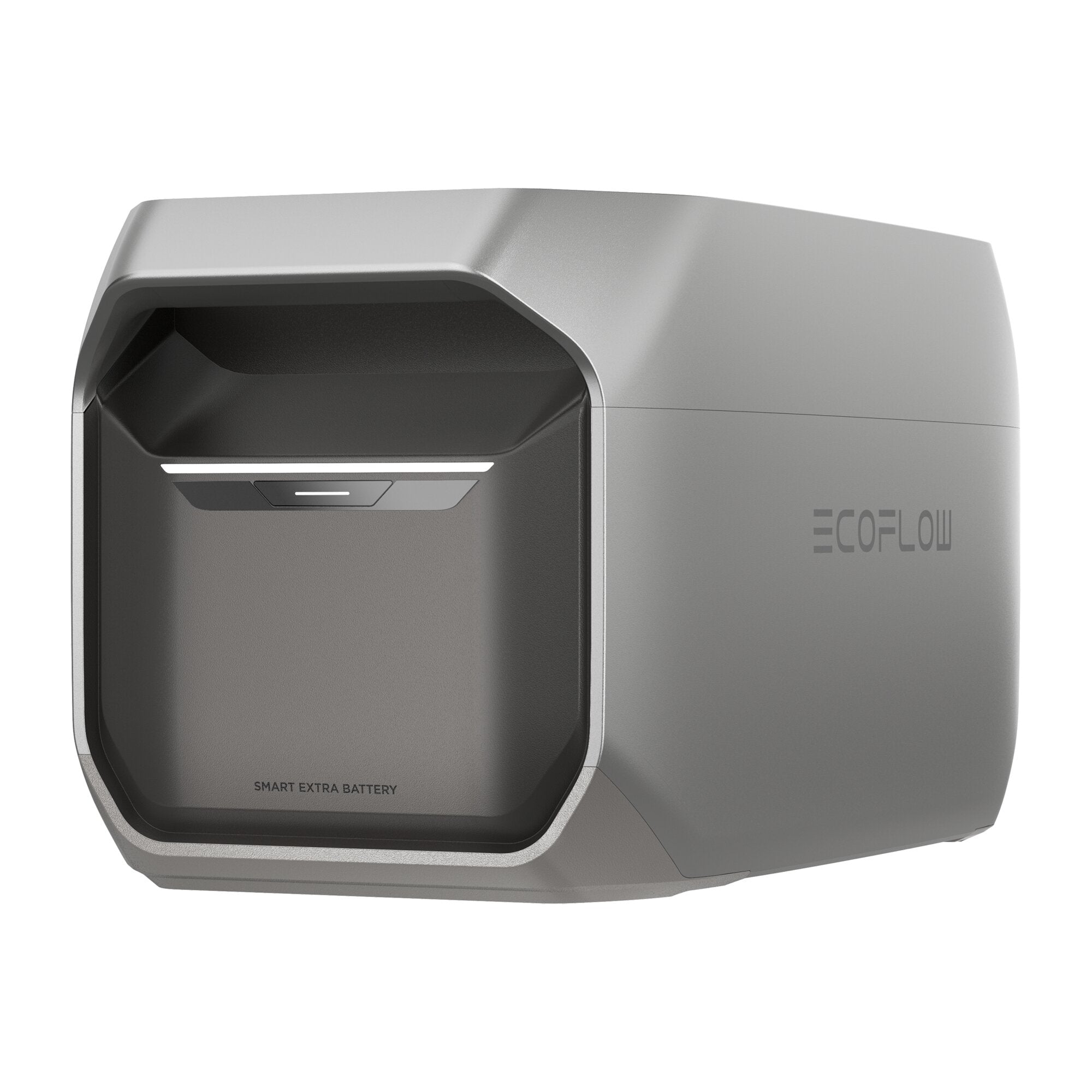 Metallgrauer, rechteckiger Zusatzakku DELTA 3 EB mit abgerundeter Front, dunkler Innenraum und SMART EXTRA BATTERY Schriftzug