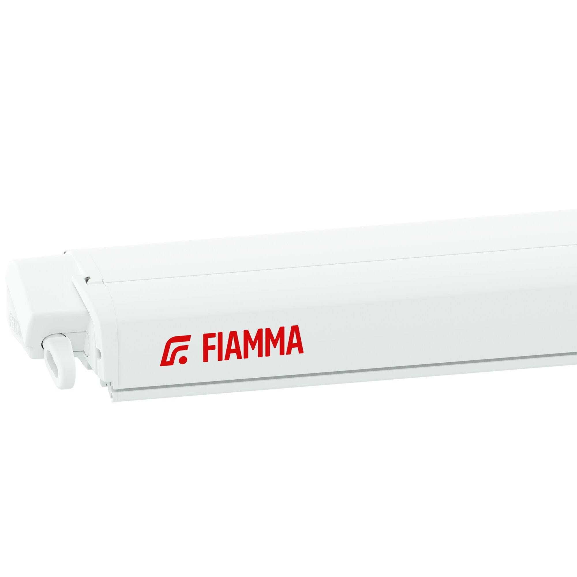 Weißer Markisenkasten mit FIAMMA-Logo in roter Schrift, seitliche Nahaufnahme des Gehäuses einer F80 Markise