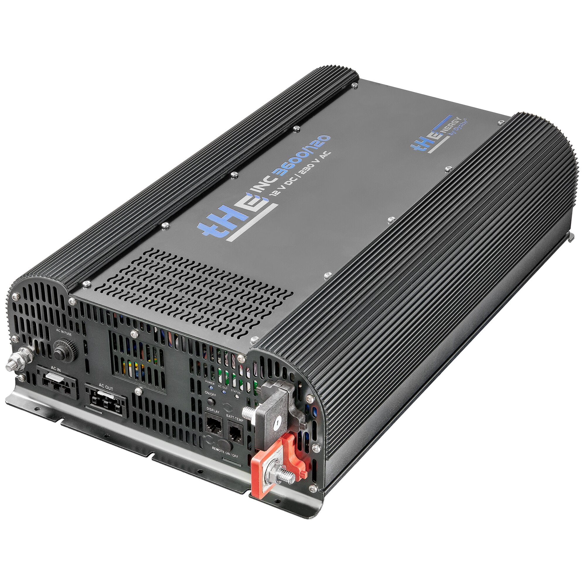 Großer schwarzer Wechselrichter mit seitlichen Kühlrippen; Topseite trägt die Beschriftung tHE INC 3600 und 12 V DC zu 120 V AC, Vorderseite mit Belüftungsgitter, AC IN/OUT-Anschlüssen und roten Batterieklemmen unten rechts
