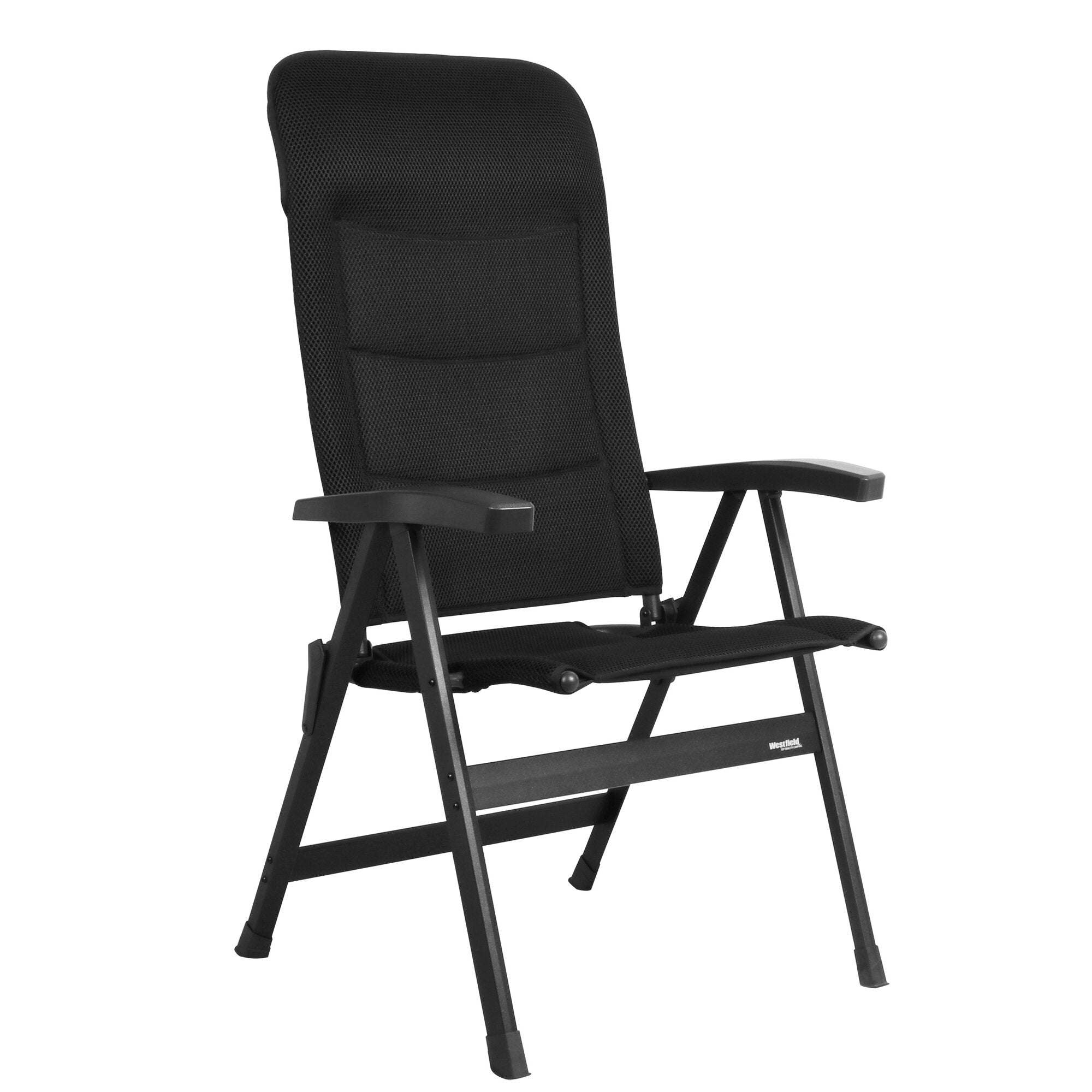 Anthrazitfarbener Campingstuhl Royal mit Mesh-Rücken und Mesh-Sitzfläche, Armlehnen aus Kunststoff, klappbares Metallgestell und Gummifußkappen