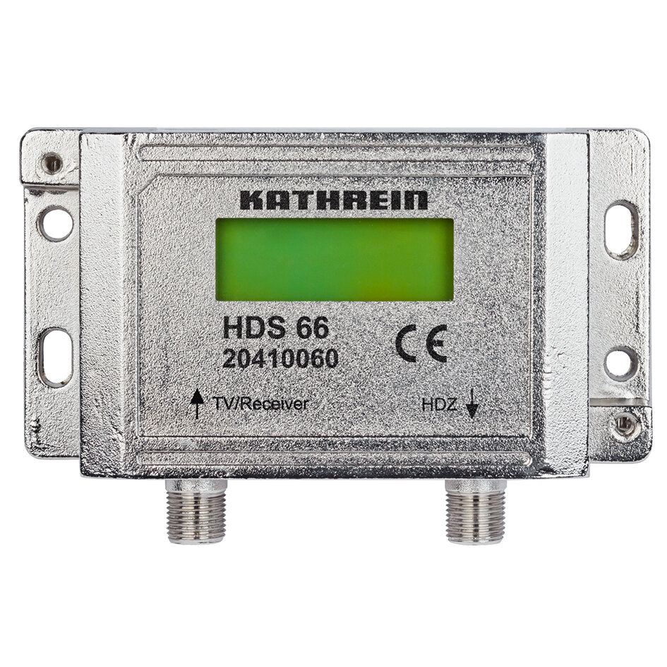 Silbernes rechteckiges Display- und Steuergerät HDS 66 von Kathrein mit grünem LCD, zwei Koaxialanschlüssen unten