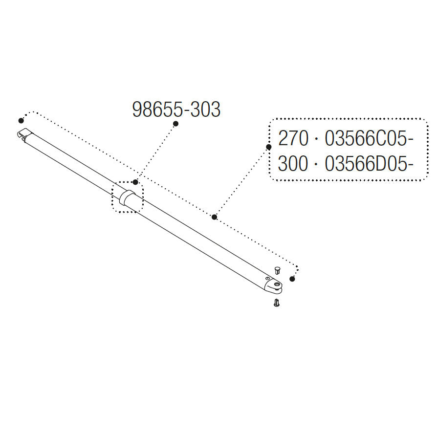 Spannstange Rafter 300 aus Metall mit zentraler Halterung und Endstücke; am Bauteil befinden sich beschriftete Nummern wie 98655-303