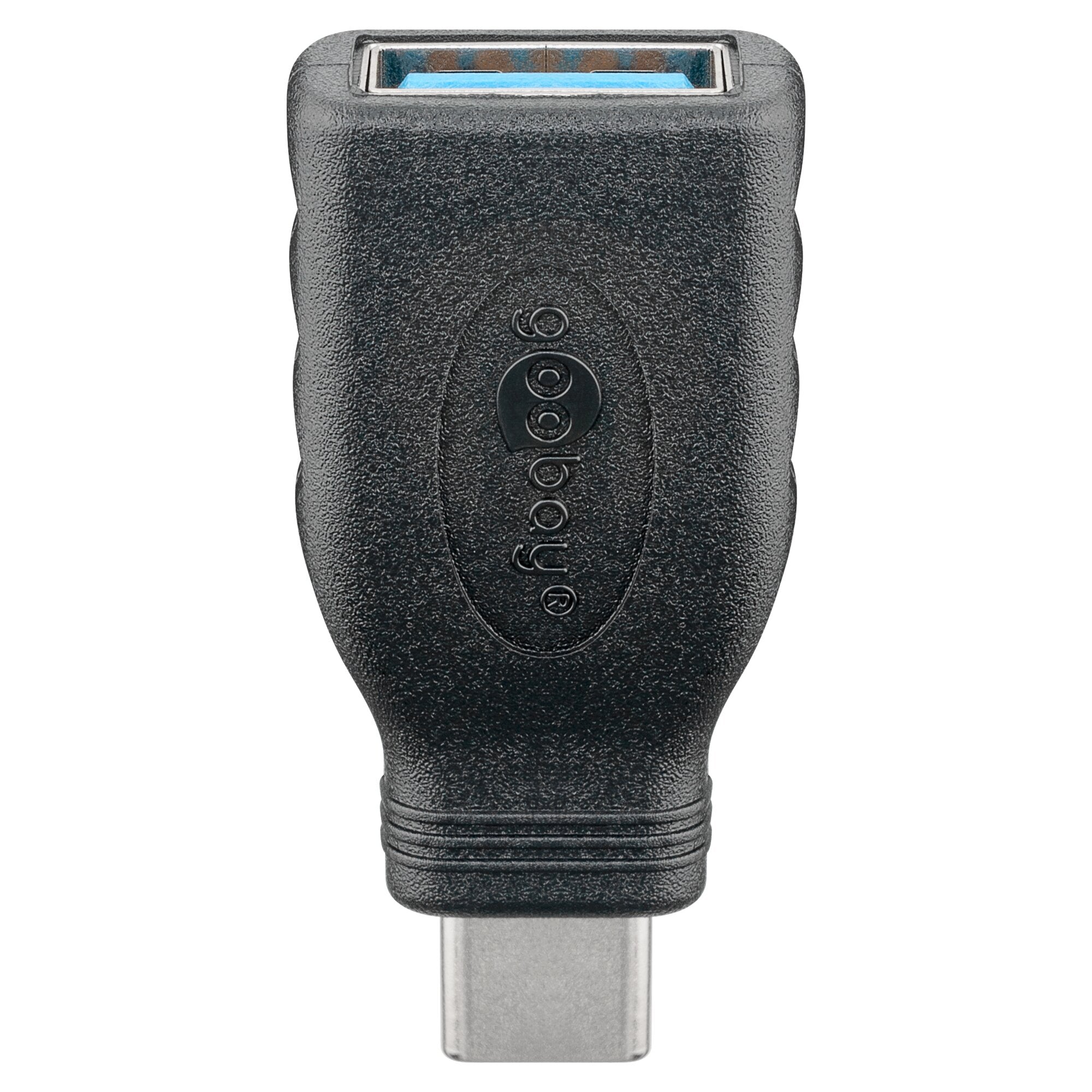 Adapter USB-C/USB-A 3.0 OTG SuperSpeed-Adapter mit strukturiertem schwarzen Gehäuse; oben blaue USB-A-Buchse, unten sichtbarer Metallstecker
