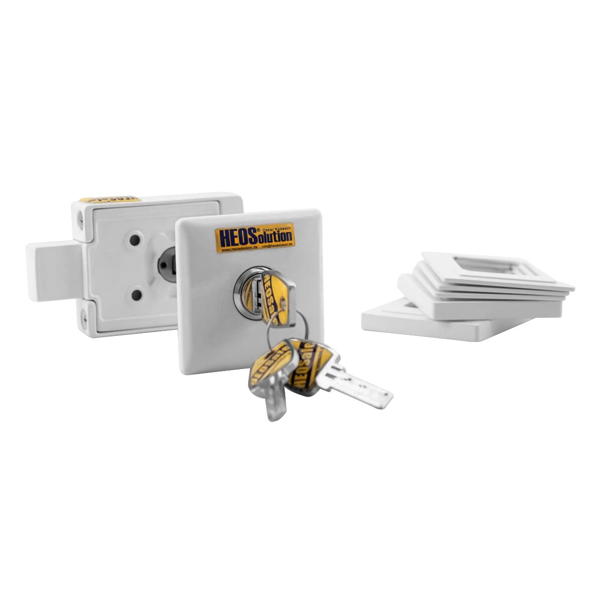 HEOSafe Zusatzschloss Universal mit Zylinder, Schlüsselring und Montageset aus weißen Platten, sichtbare Bauteile des Schlosses
