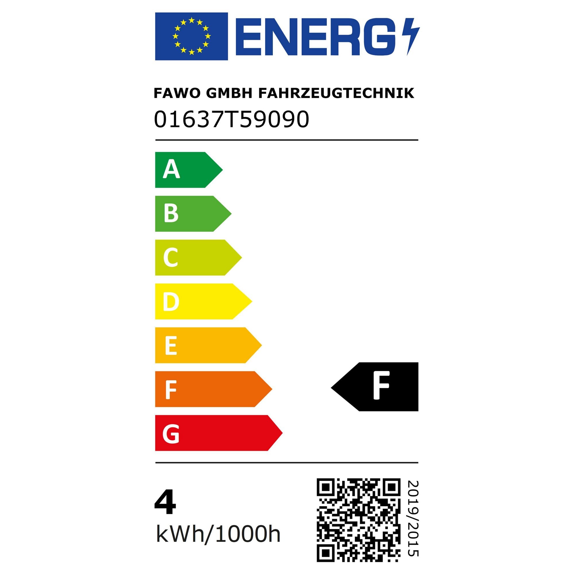EU-Energiekennzeichnung mit farbigen Klassenpfeilen von A bis G, EU-Flagge, Firmenname FAWO GMBH FAHRZEUGTECHNIK und QR-Code