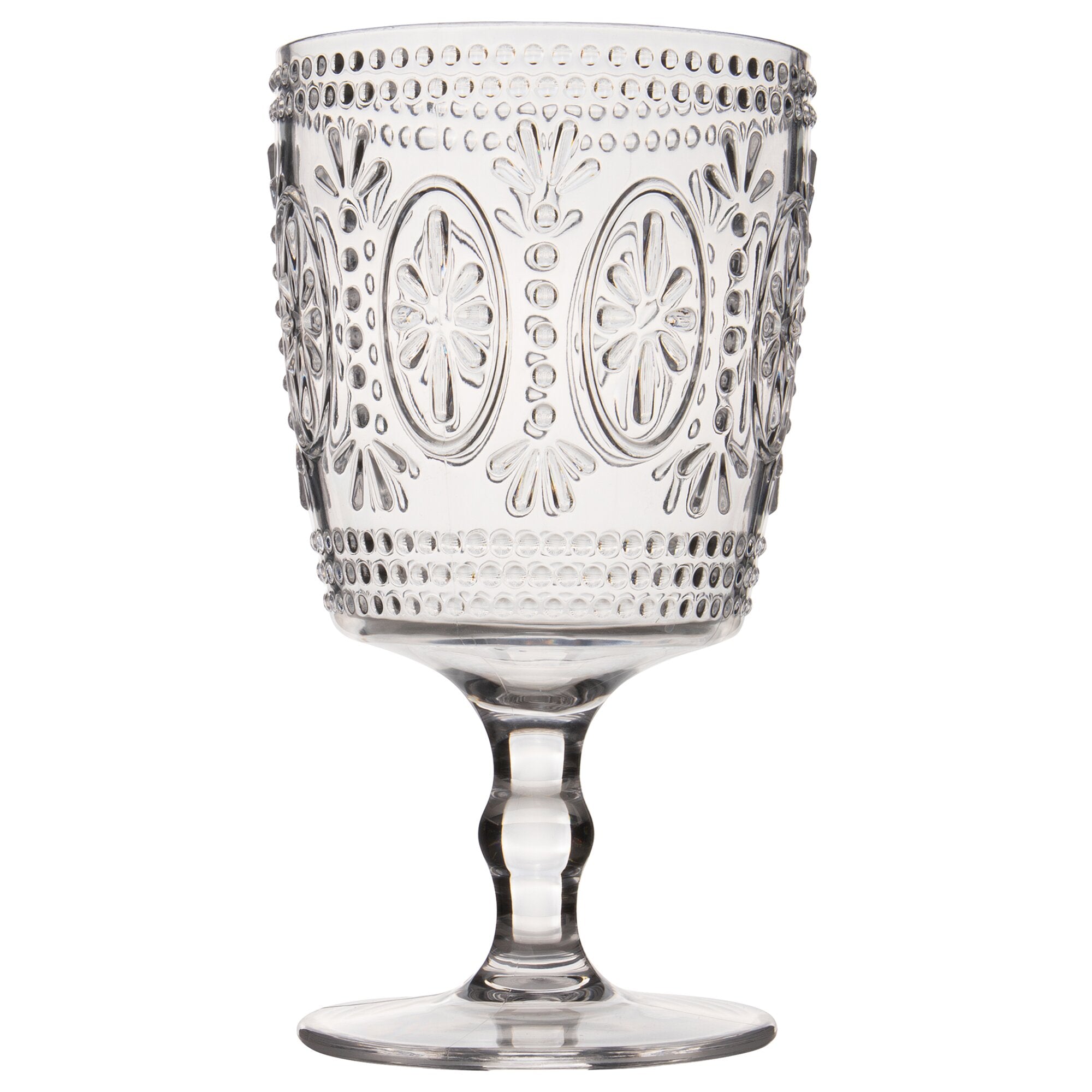 Weinglas Sicilian 450 ml, transparentes Glas mit umlaufendem Ornament aus Blütenmedaillons und Punkterand, Stiel und Fuß sichtbar
