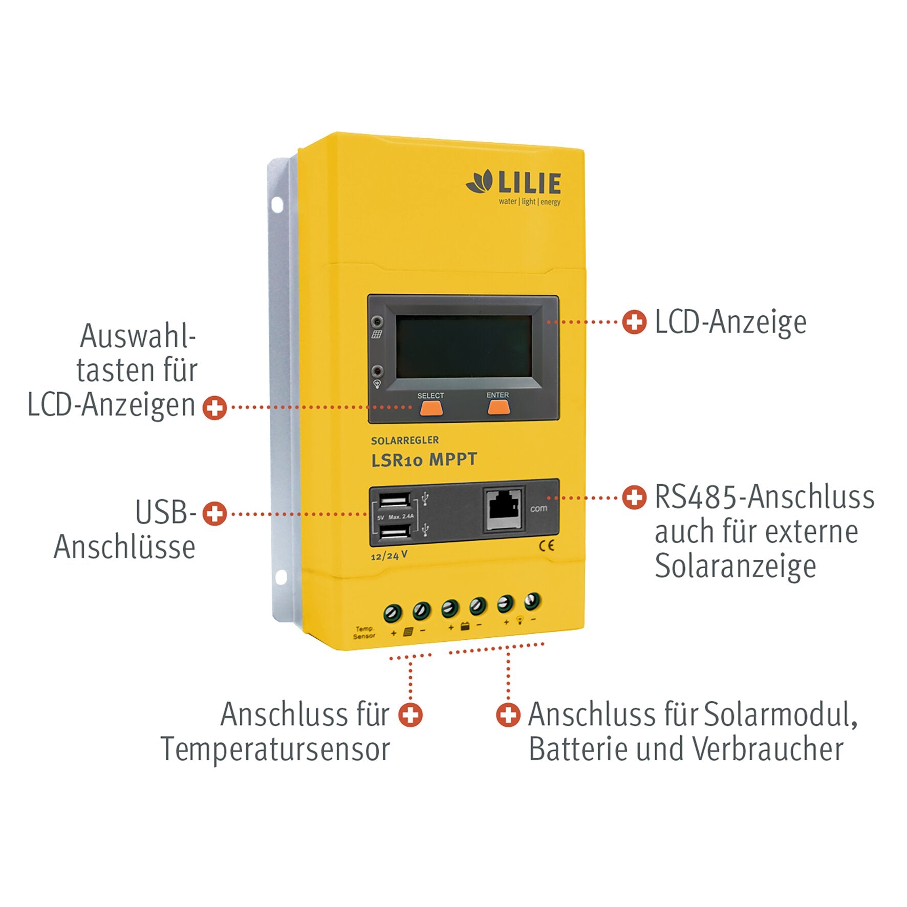 Gelber MPPT-Solarregler LSR10 von LILIE mit LCD-Anzeige, zwei orange Tasten, USB-Port und RS485-Anschluss