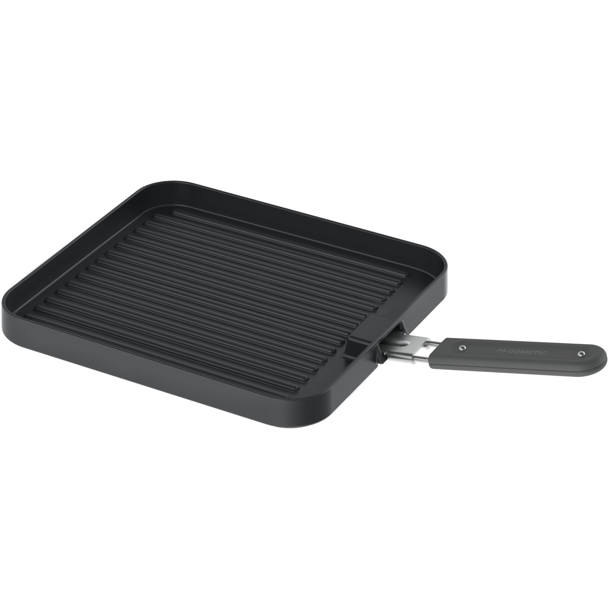 Schwarze rechteckige Grillplatte mit gerippter Oberfläche und seitlichem Griff, sichtbar im Vordergrund