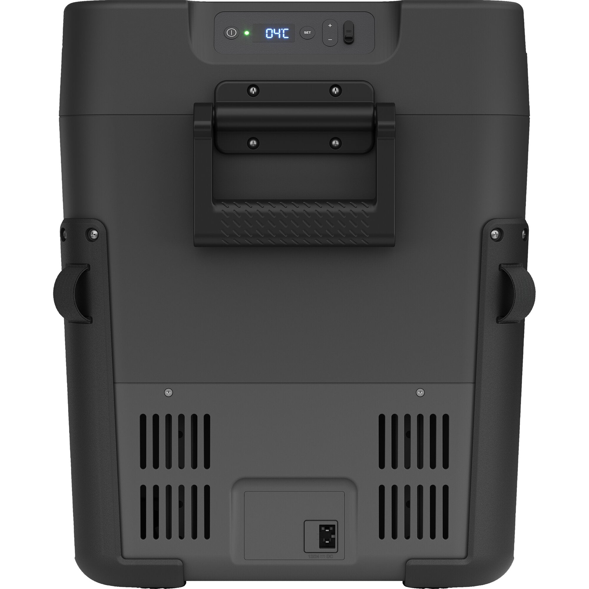 Rückseite der schwarzen WCC40 Kompressor-Kühlbox mit Traggriff, Display zeigt 04°C, Plus/Minus-Tasten, Ein/Aus-Schalter, Belüftungsschlitze unten
