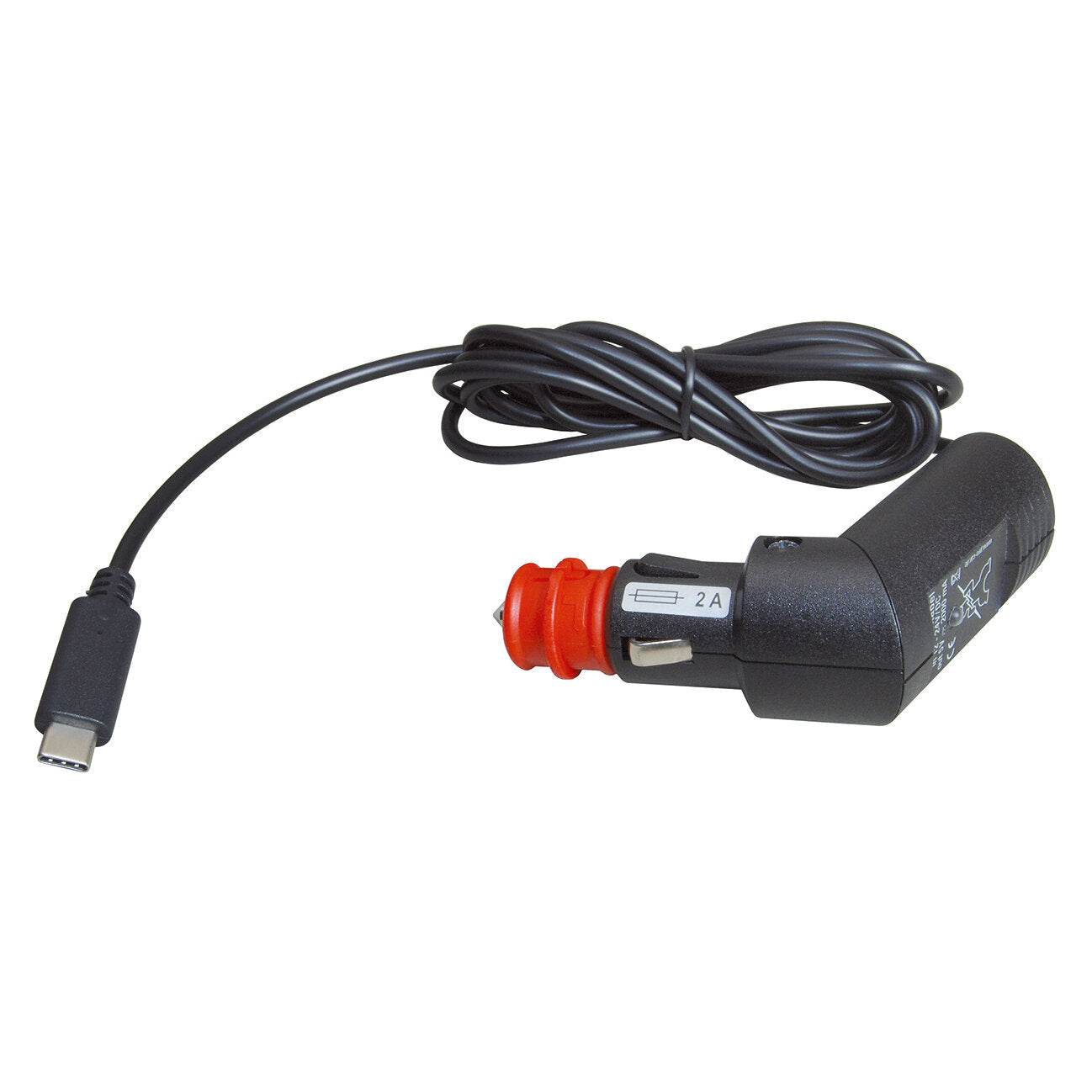 Schwarzer Zigarettenanzünder-Ladeadapter mit rotem Steckring, langes USB-C-Kabel und USB-C-Stecker am Kabelende