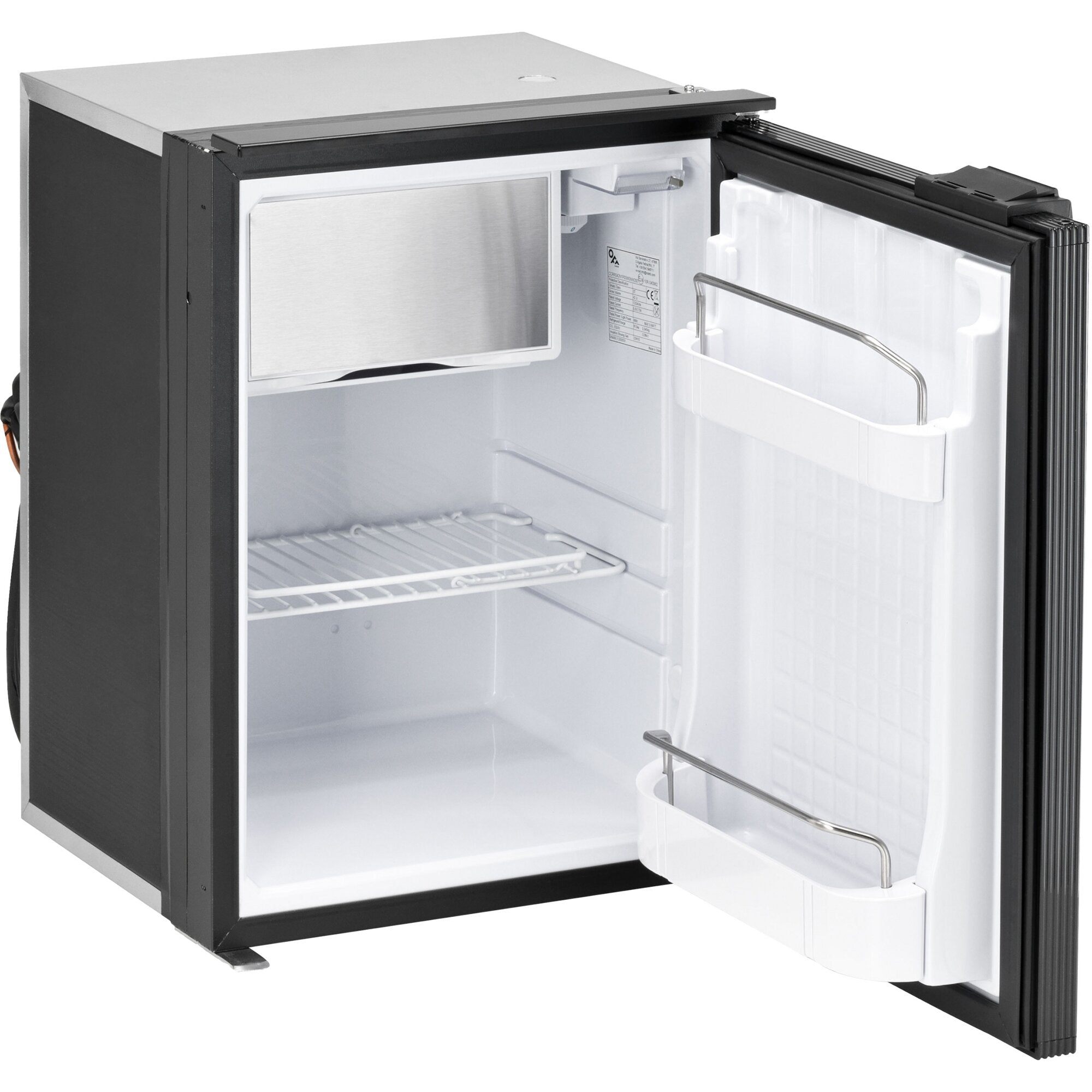 Kleiner Kühlschrank Cruise, 42 l, mit geöffneter Tür, heller Innenraum, untere Drahtablage, weiße Türablage, schwarzes Gehäuse