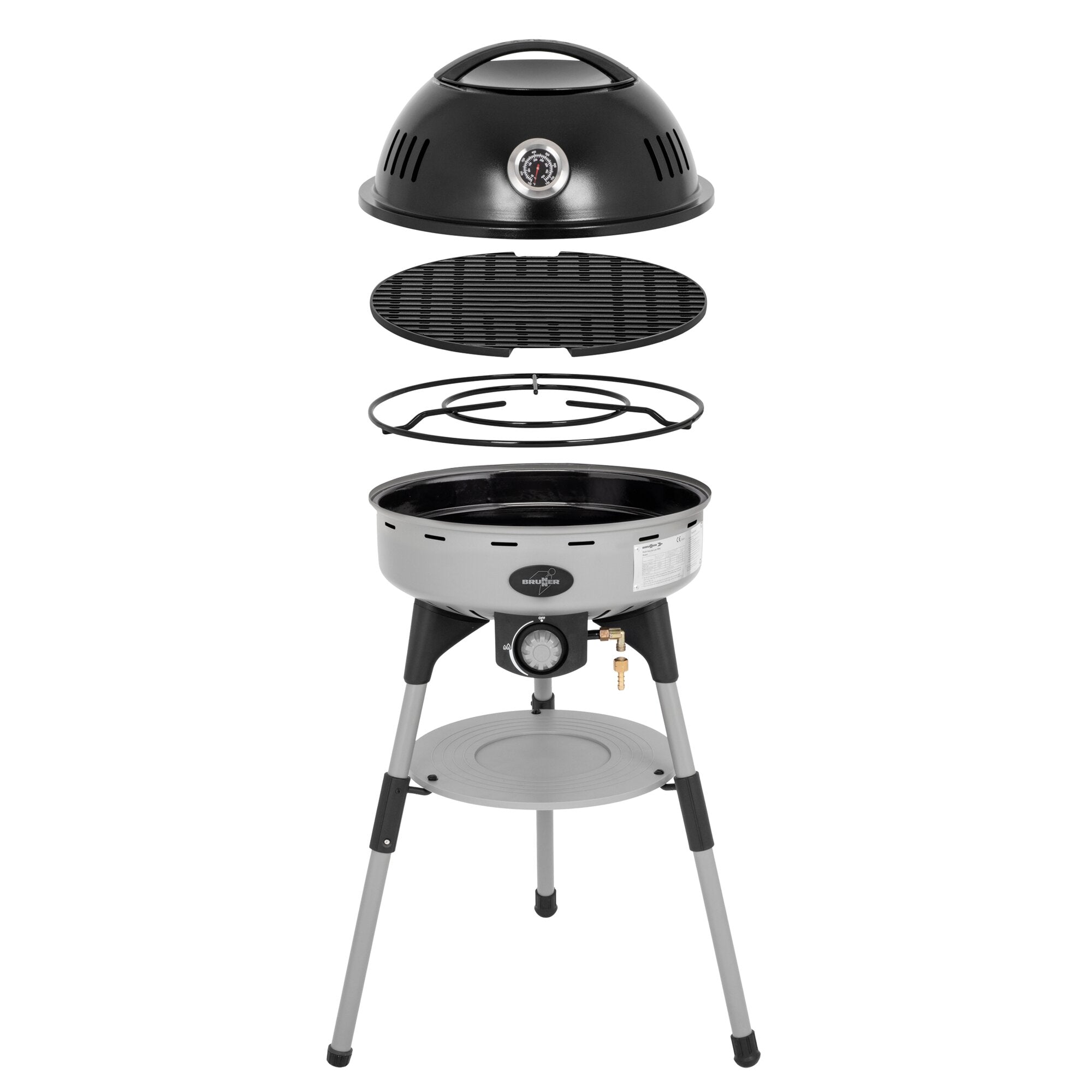 Explosionsdarstellung eines runden Gasgrills in Einzelteilen mit Deckel Thermometer Grillrost Hitzeplatte Brennerkessel und Standfuß