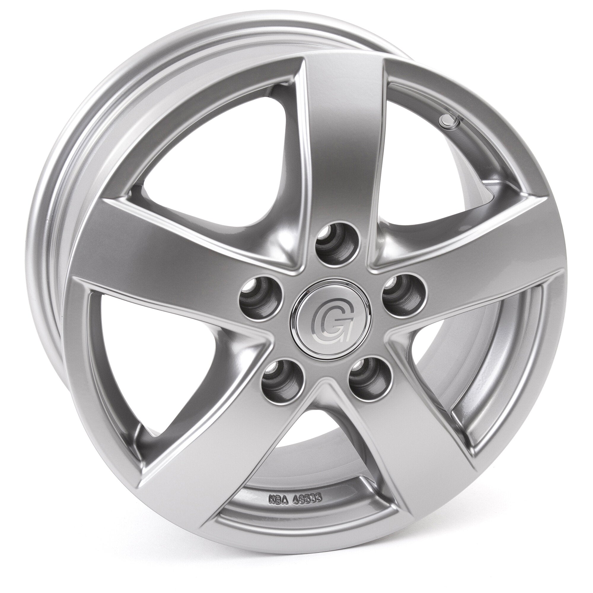 Detailaufnahme einer silbernen Aluminiumfelge mit dunklem Chrome-Finish, Mehrspeichen-Design, zentrale Logoabdeckung und Befestigungslöcher