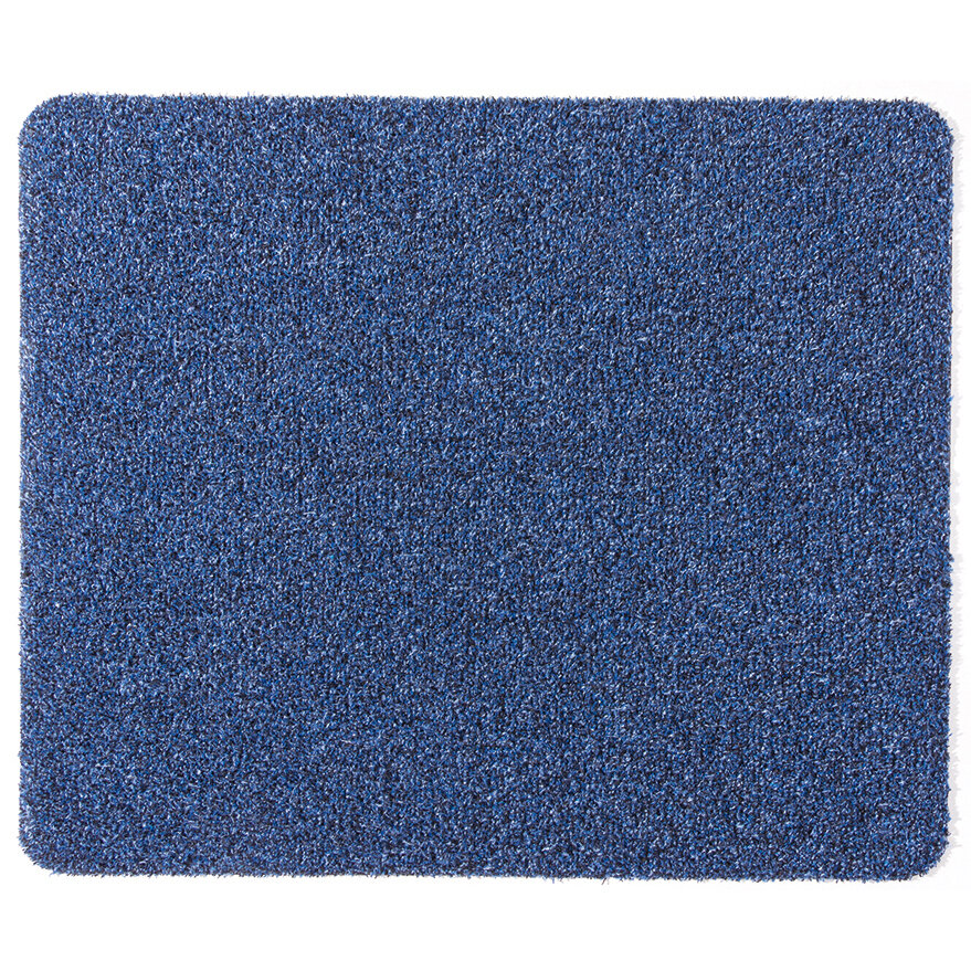 Dunkelblaue Fußmatte mit abgerundeten Ecken und strukturierter Faseroberfläche, rechteckige Form und flauschiger Flor aus kurzen Fasern