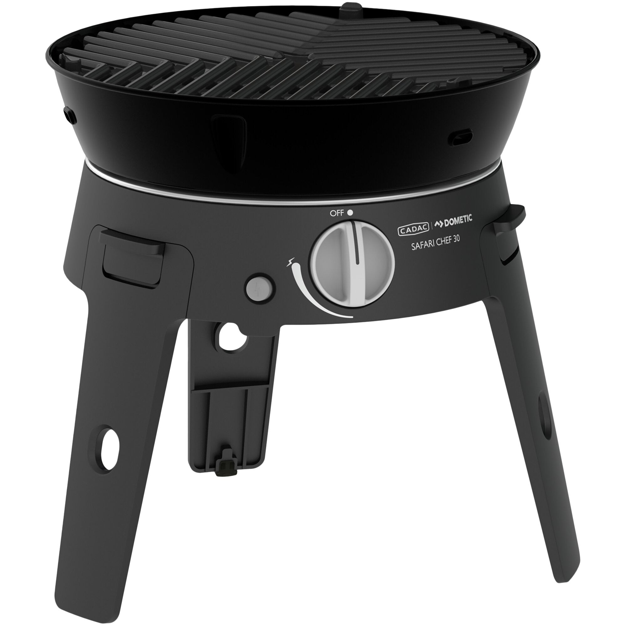 Runder schwarzer tragbarer Gasgrill mit drei Beinen, grillrost aus parallelen Stäben, seitlicher Drehregler mit OFF-Position und Safari Chef 30