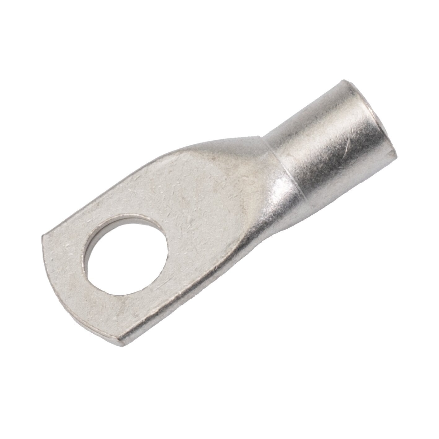 Silberner Crimpkabelschuh aus Metall mit ringförmigem Loch am flachen Ende und konisch zulaufendem Crimp-Abschnitt am anderen Ende, für 16–25 mm²
