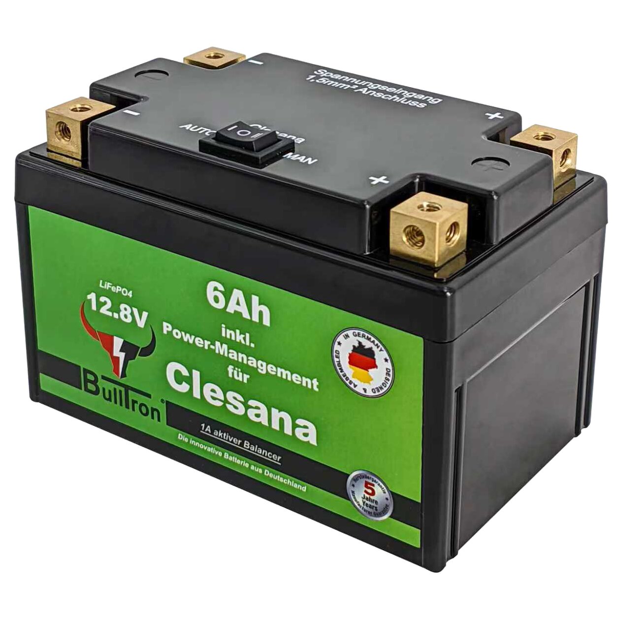 Lithiumbatterie mit grüner Beschriftung, 12,8 V, 6 Ah LiFePO4, Clesana, Oberseite mit Plus- und Minus-Klemmen aus Messing und Auto/Manuell-Schalter
