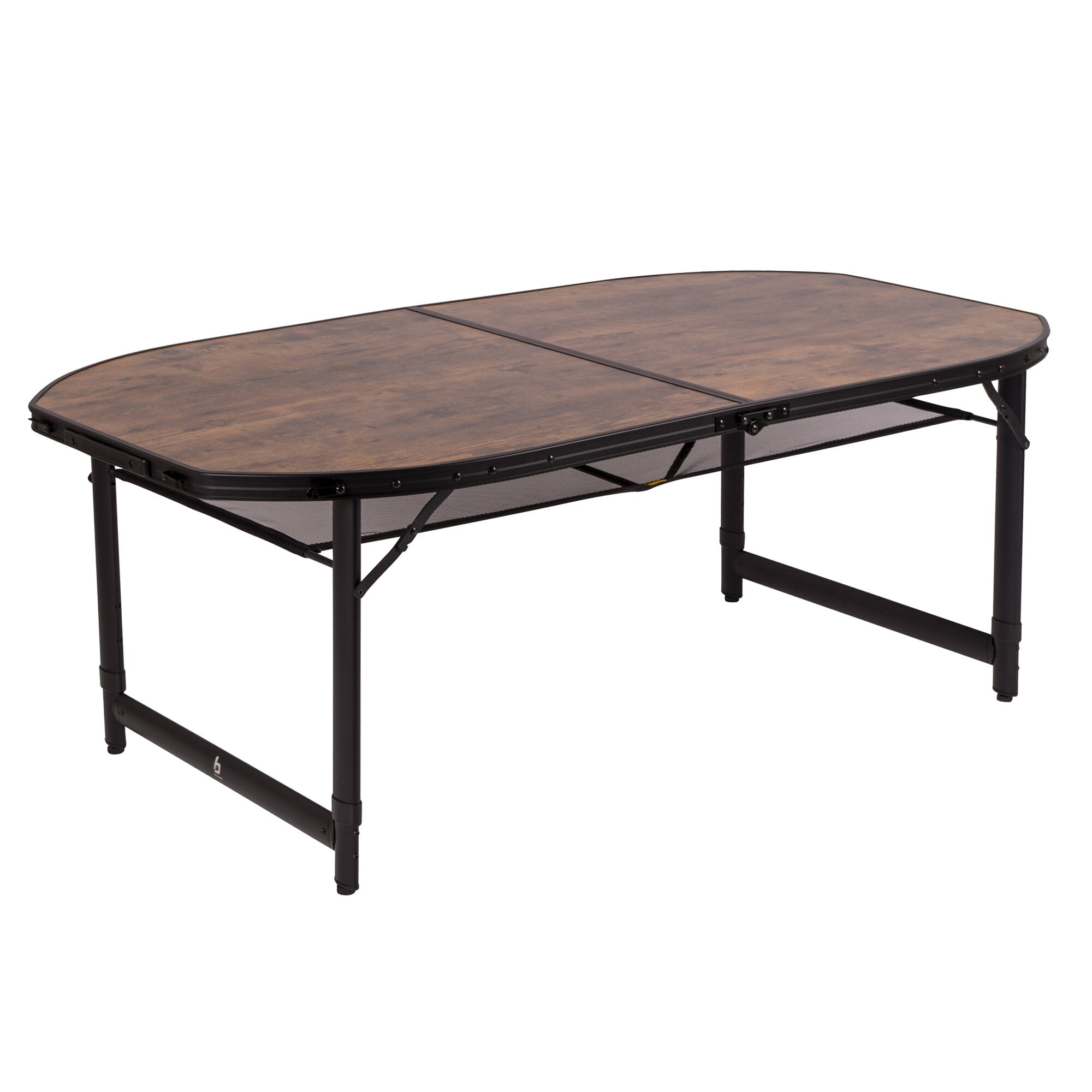 Campingtisch Woodbine 150 x 80 cm mit braunholzoptik Tischplatte, abgerundeten Ecken, schwarzes Metallgestell und sichtbare Netzablage
