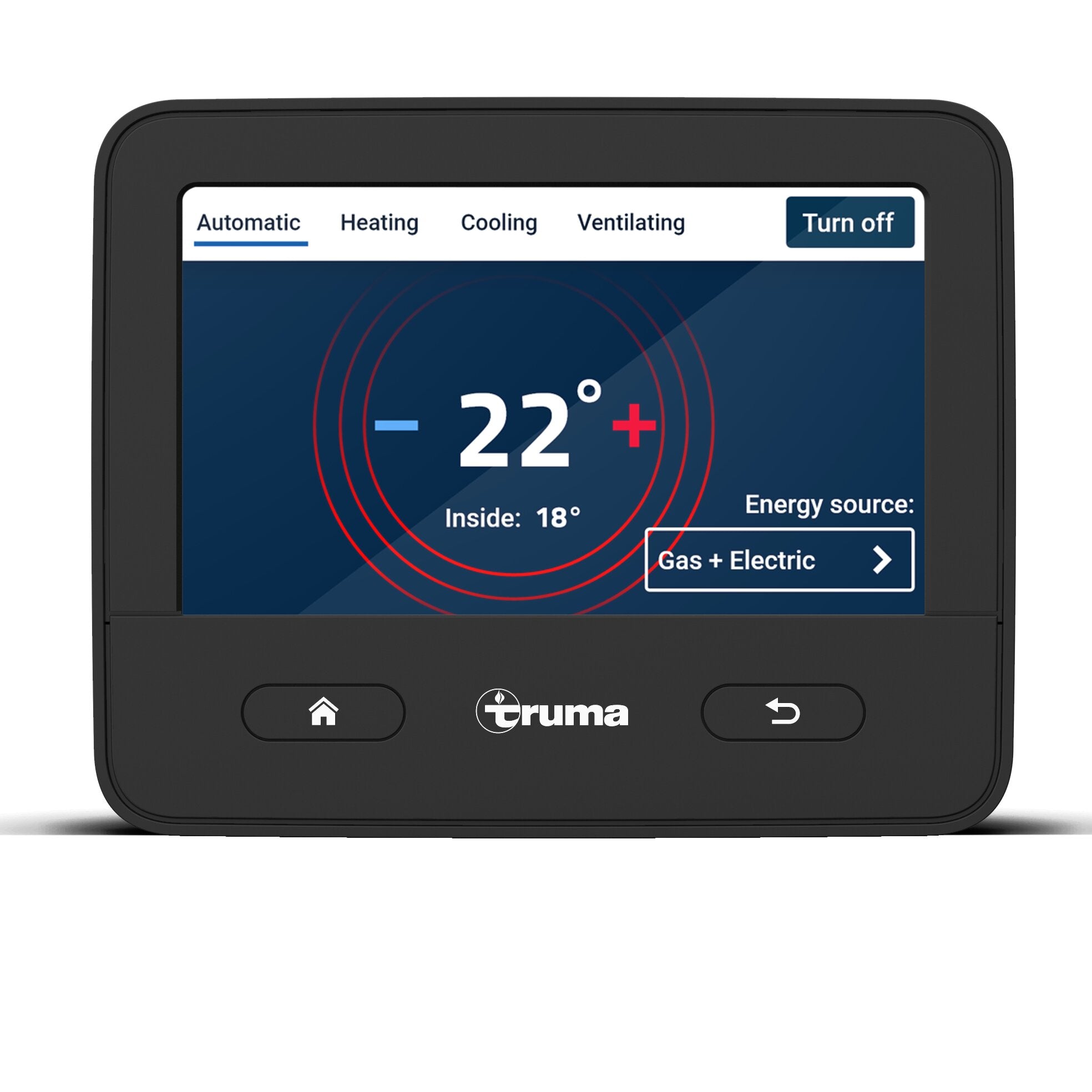 Touchscreen-Bedienfeld eines Truma Combi Heizungs- und Warmwasserboilers mit Automatic Heating Cooling Ventilating und Temperaturanzeige -22°/+