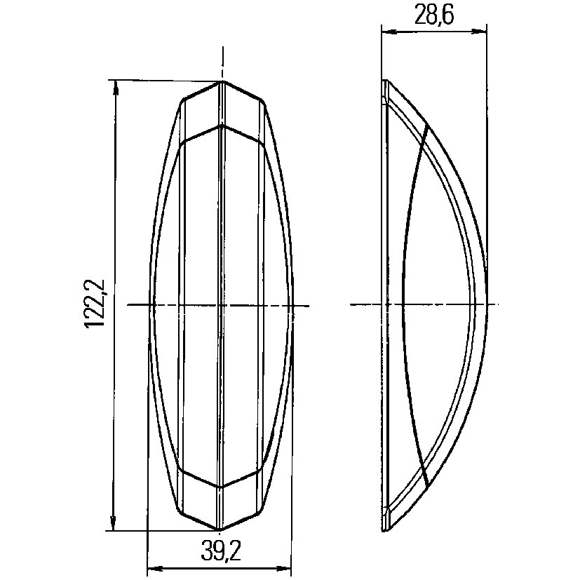 Umrissleuchte links technische Zeichnung mit Front- und Seitenansicht; längliches Gehäuse mit abgerundeten Kanten, Abmessungen 120,2 × 39,2 × 28,6 mm