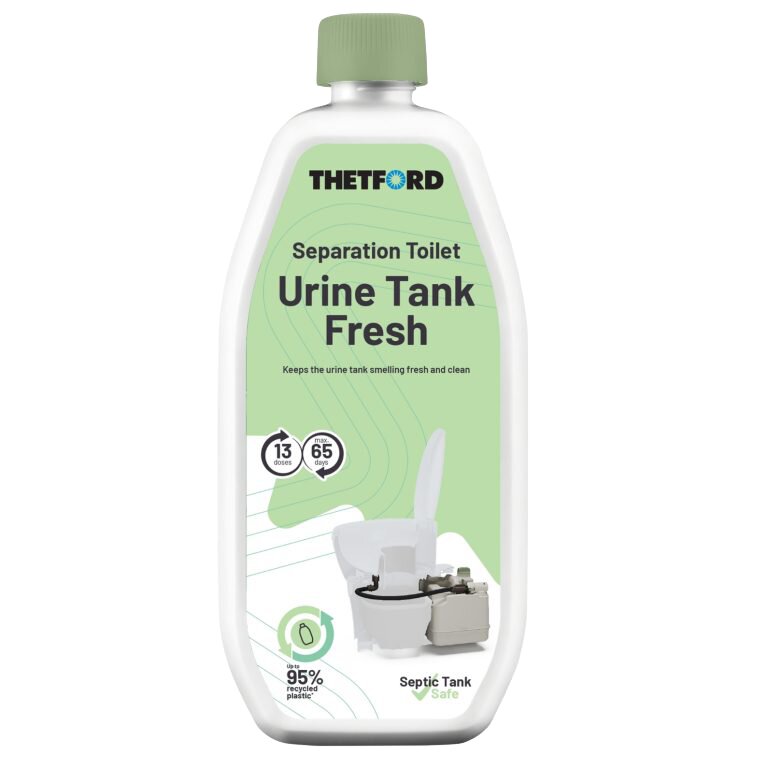 Weiße Flasche mit grünem Deckel und grünem Etikett, sichtbarer Text Urine Tank Fresh und Separation Toilet, Abbildung eines Trenntoiletten-Tanks