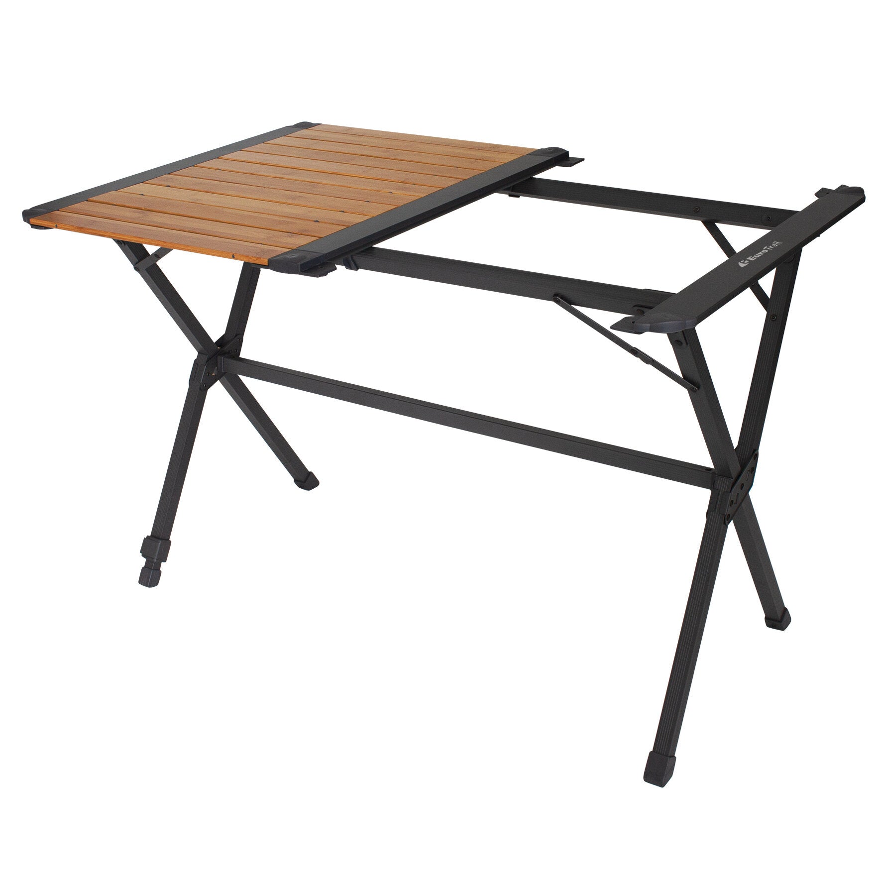 Bambus Rolltisch Chambery, 110 cm lang, obere Platte aus schmalen Bambuslatten, schwarzes Metallgestell mit Klappmechanismus und X-Beine
