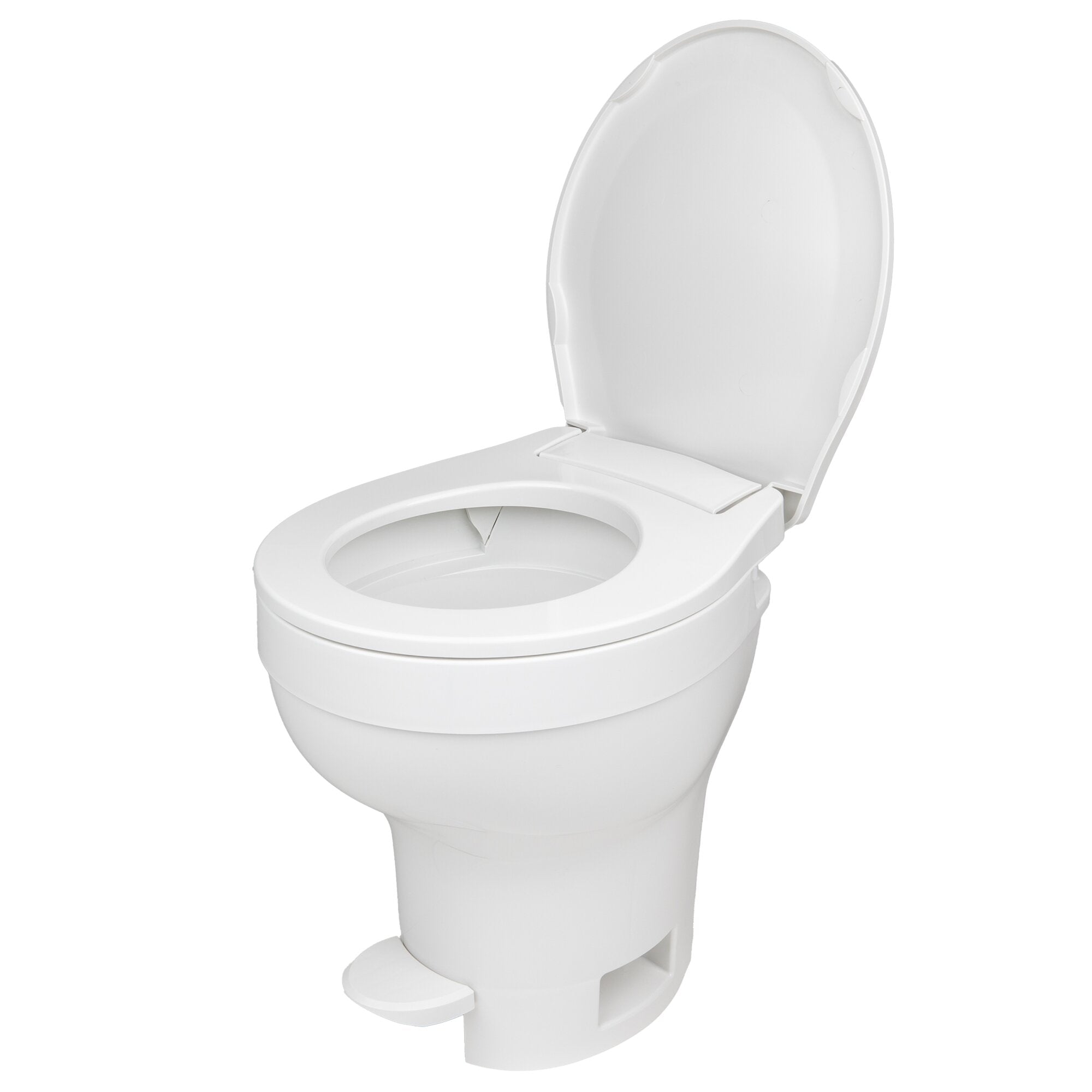 Weiße Keramiktoilette mit offenem Deckel, sichtbarer Sitzring, seitliche Perspektive auf Schüssel und Standfuß