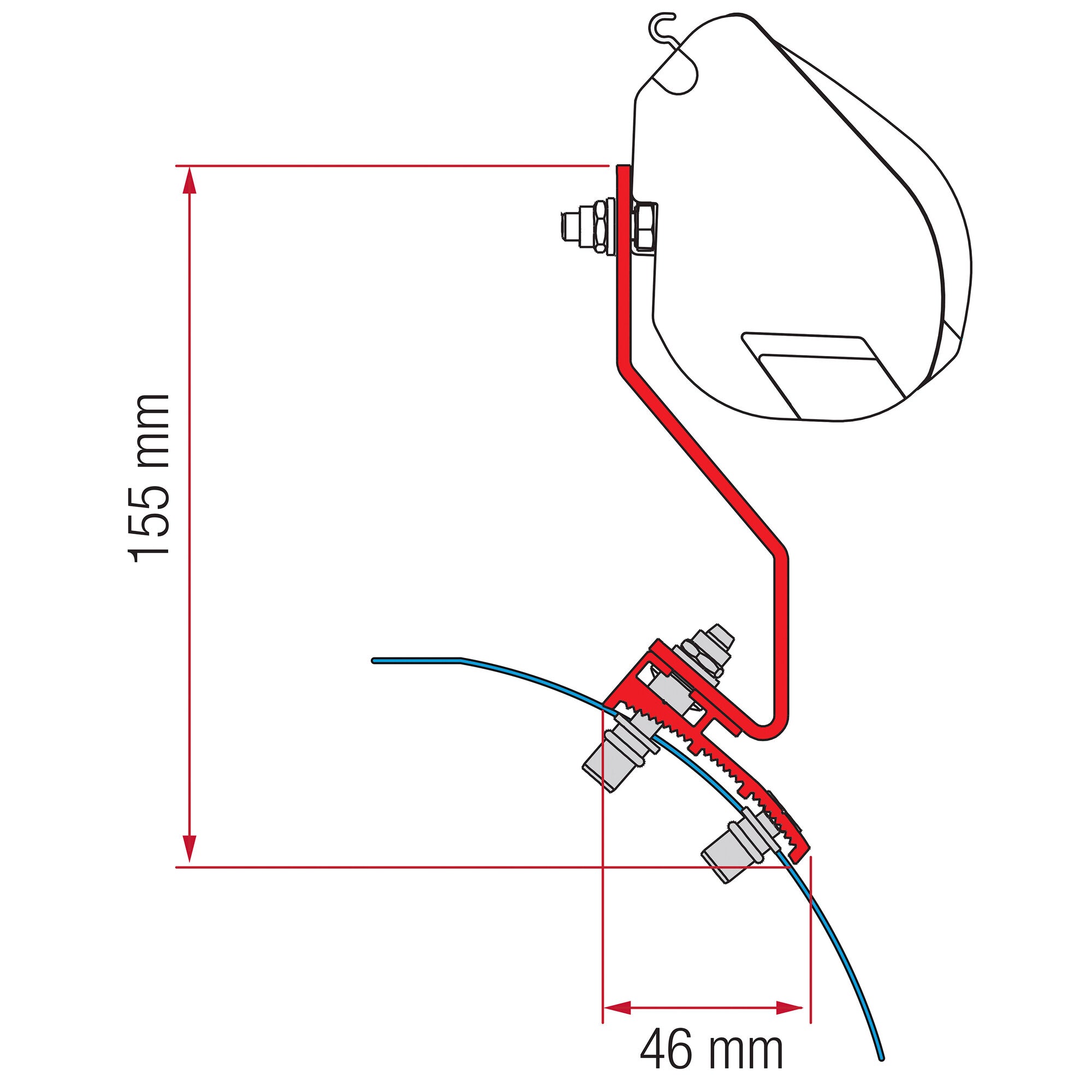 Detailzeichnung eines Markisenadapter-Kits VW Caddy Maxi Lift Roof für F35 Pro: rote Montageschiene, Bolzen, grauer Adapter, blaues Kabel