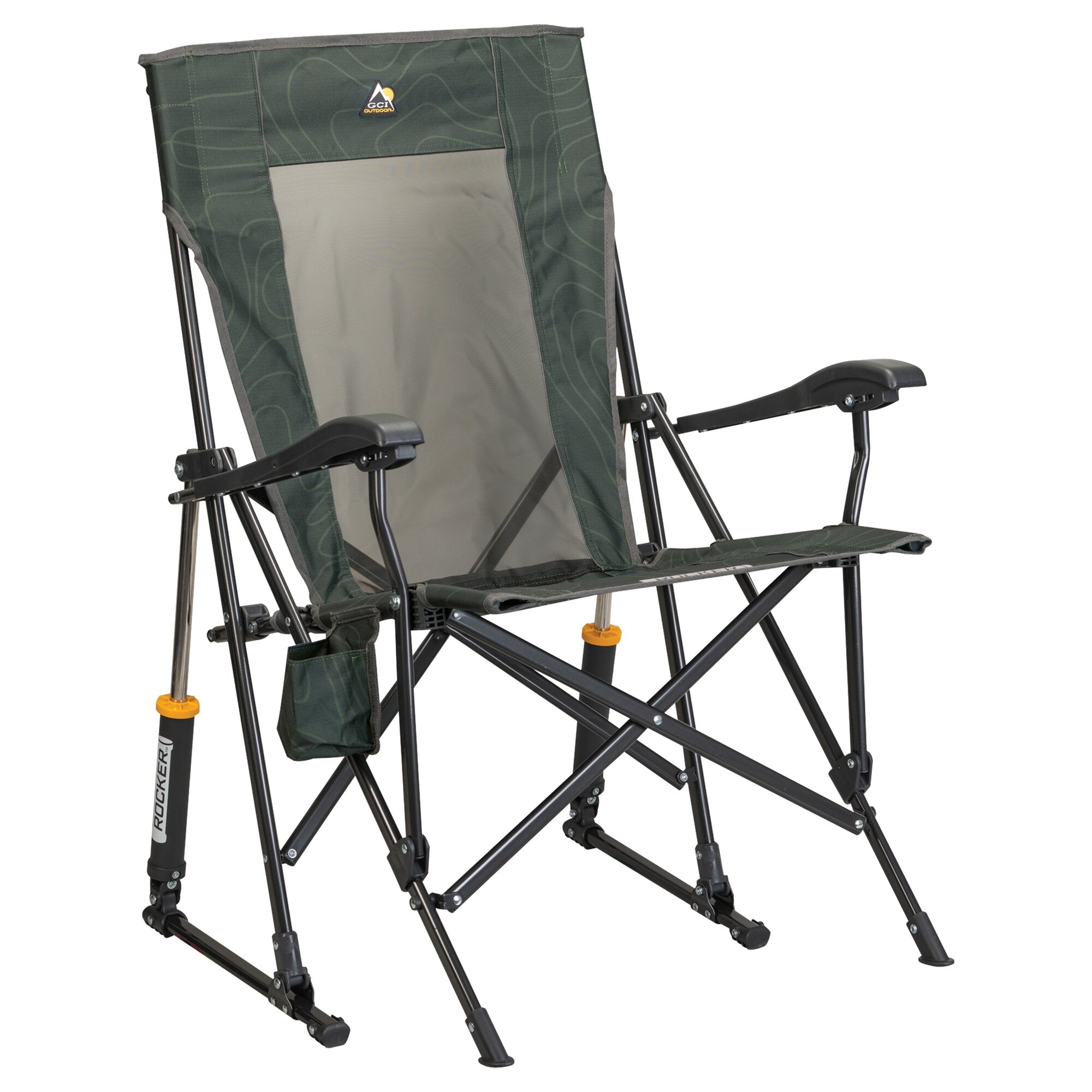 Camping-Schaukelstuhl RoadTrip Rocker in dunkelgrün mit hohem Rücken, gemustertem Stoff, Logo-Aufnäher, schwarzem Metallrahmen, Armlehnen und seitlicher Tasche, orangefarbene Fußkappen